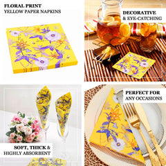 20-Pack Paper Beverage Napkins with Blooming Flowers Design Yellow - 2 Ply Soft 18GSM Floral Wedding Napkins 6.5"x6.5"