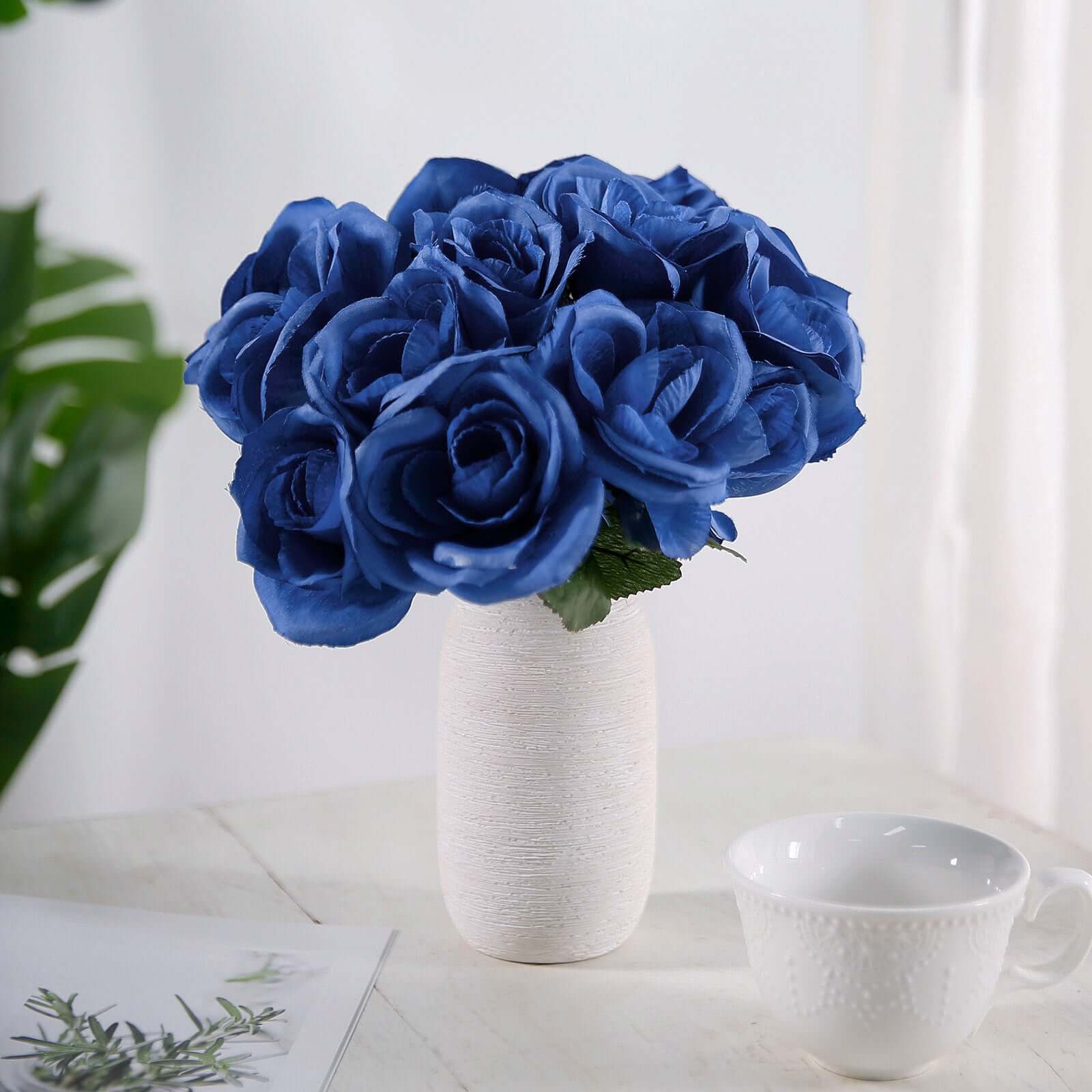 12" Royal Blue Artificial Velvet-Like Fabric Rose Flower Bouquet Bush