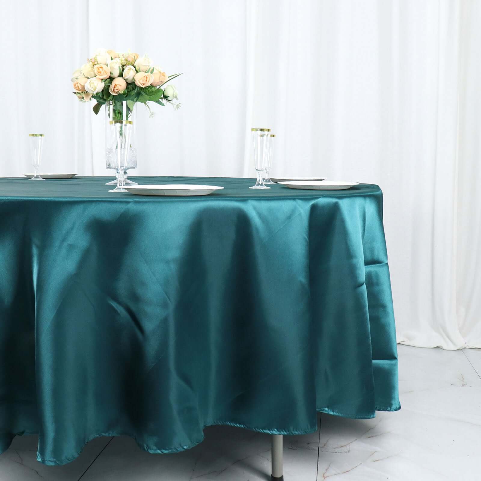 Satin 108" Round Tablecloth Peacock Teal - Smooth and Lustrous Table Cover