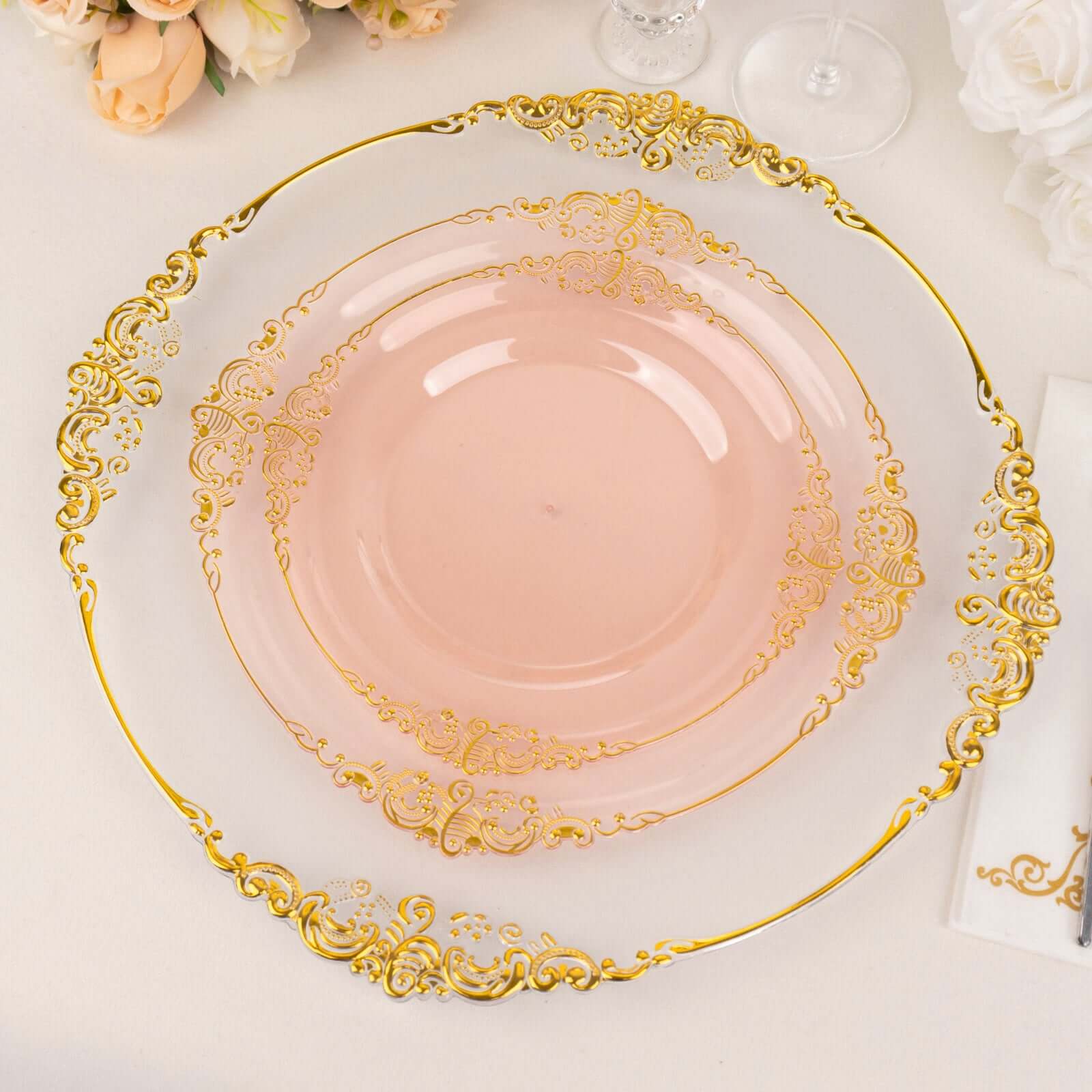 10-Pack Plastic 8" Round Dessert Plates in Transparent Blush with Gold Leaf Embossed Rim - Disposable Vintage Baroque Style Salad Plates