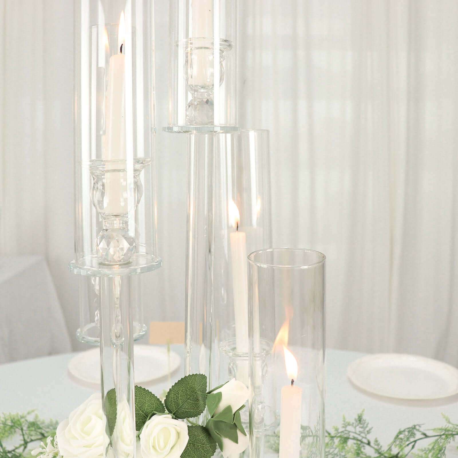 5-Arm Round Crystal Glass Candelabra Clear Taper Design - Chic Candle Holder Table Centerpiece for Weddings & Events 32"