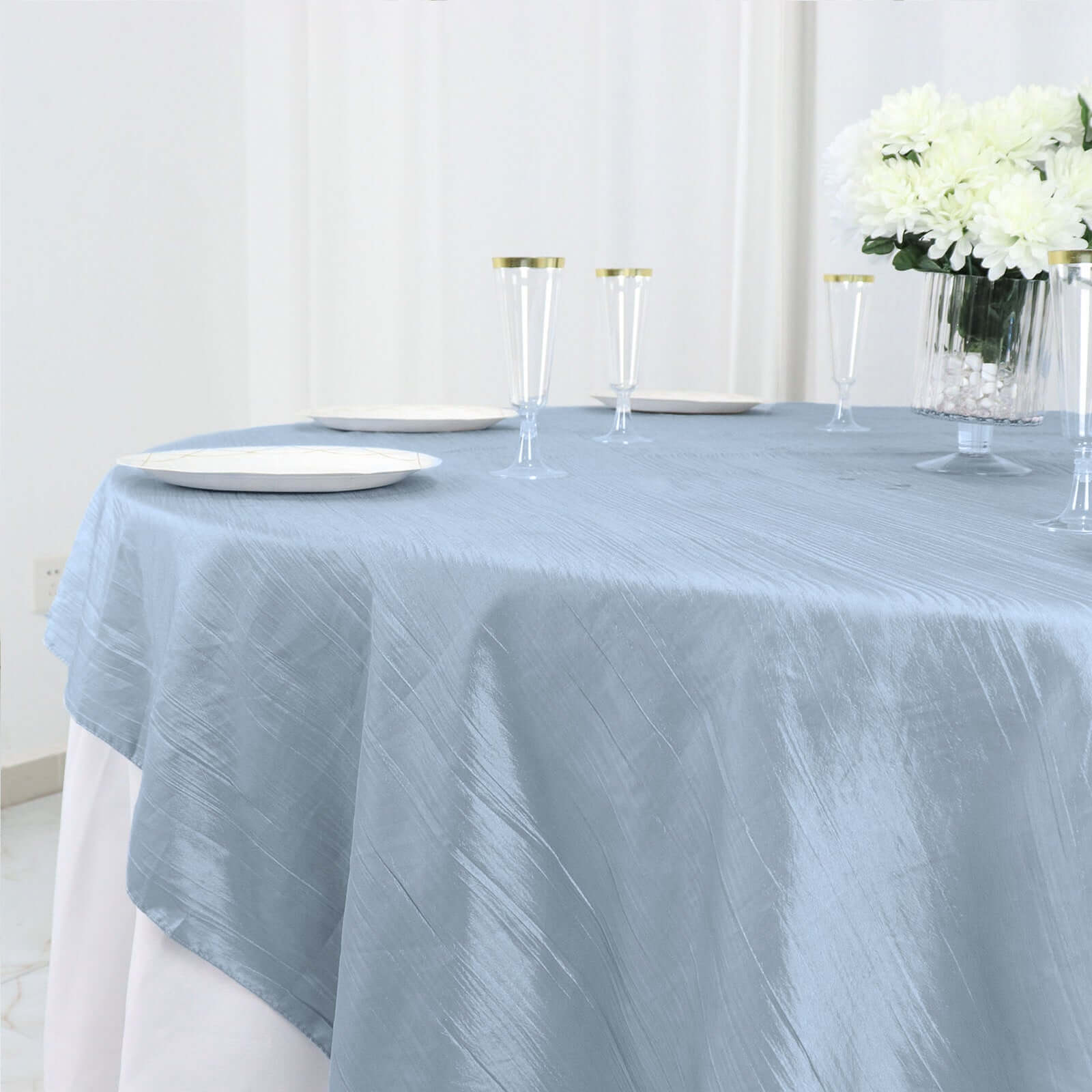 Taffeta 72"x72" Table Overlay Square Tablecloth Dusty Blue - Accordion Crinkle Table Cover