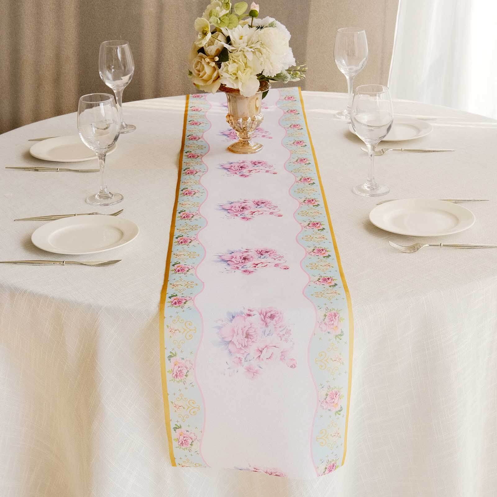 Disposable Table Runner 11"x108" White with Pink Peony Floral Print - Non-woven Stylish Spring Summer Dining Decor