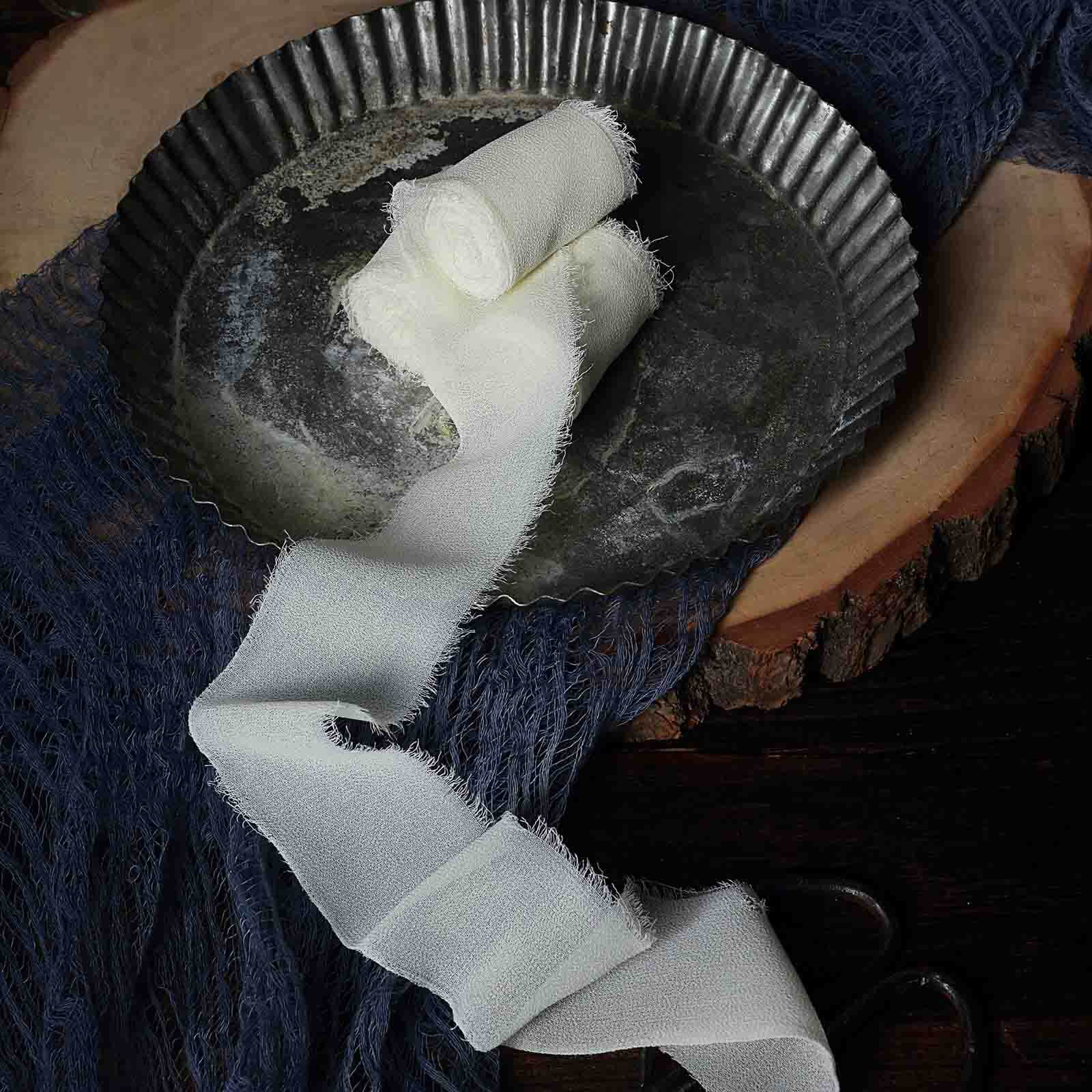 2 Pack 6yd Ivory Silk-Like Chiffon Linen Ribbon Roll For Bouquets, Wedding Invitations Gift Wrapping