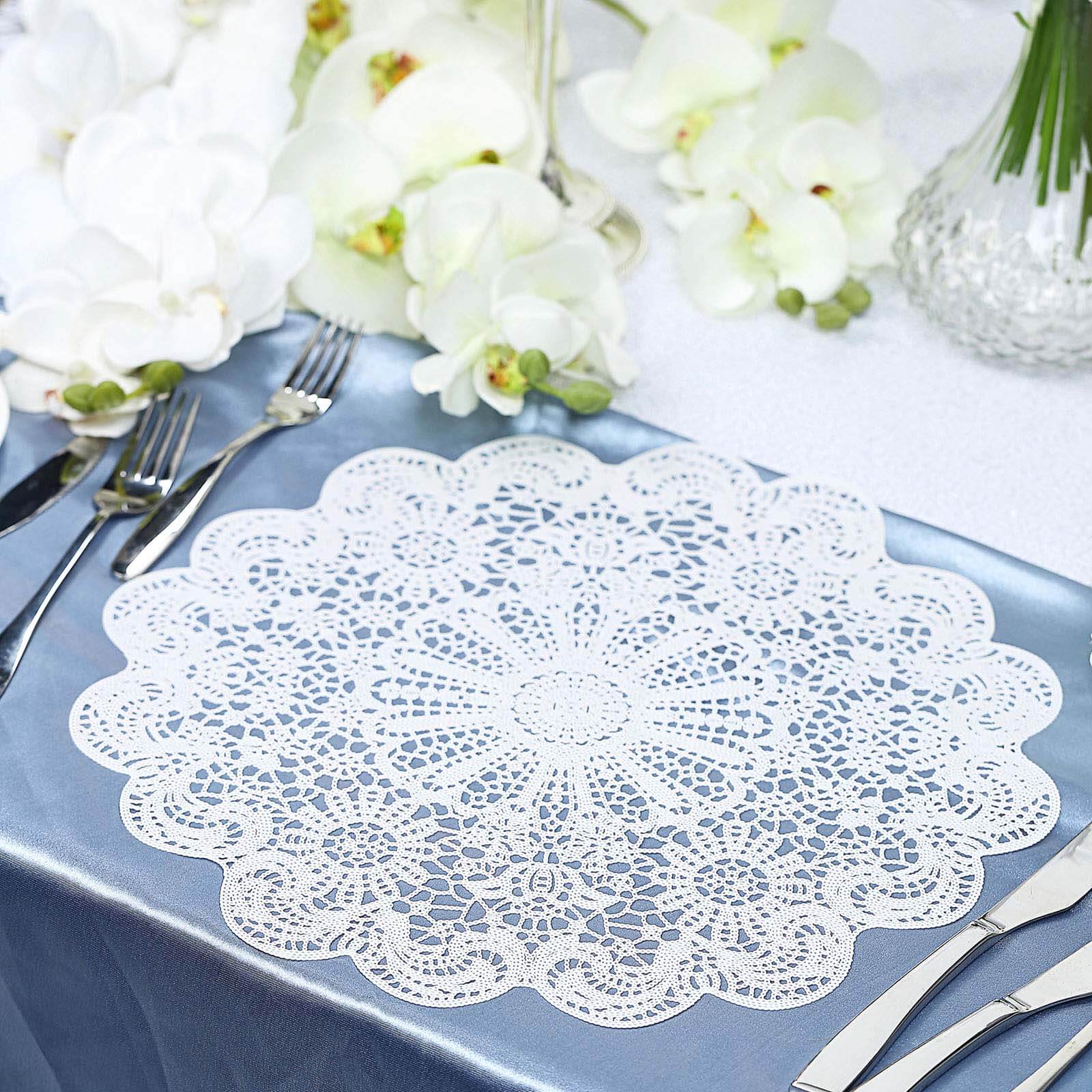 6-Pack Dining Table Mats Floral Lace Design White - Vinyl Non-Slip Surface with Vintage Appeal 15"