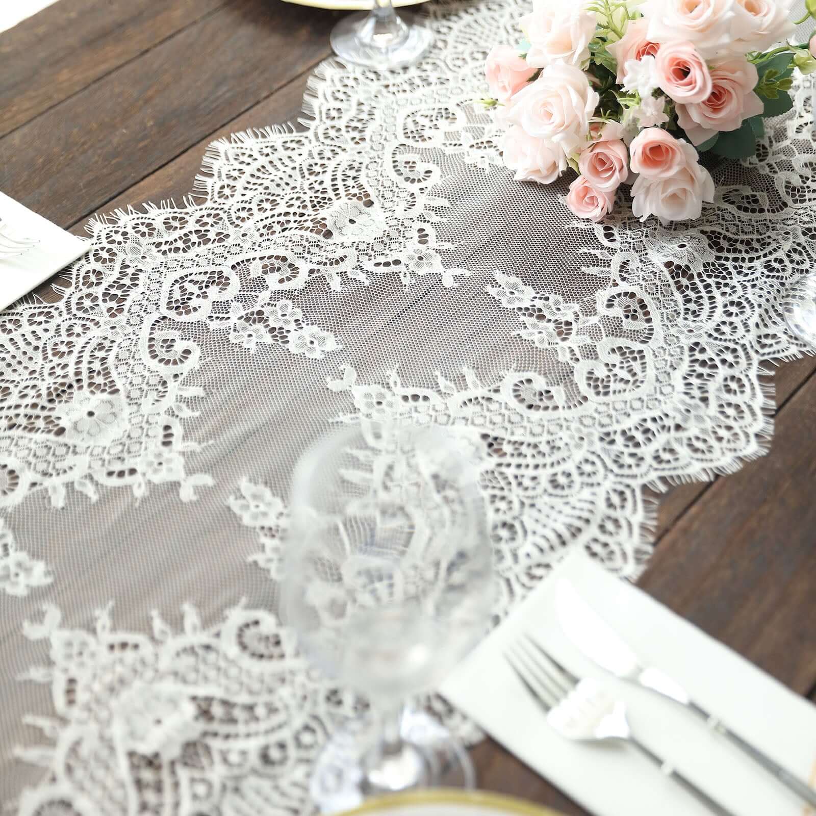 Premium Lace Fabric 15"x117" Table Runner Ivory - Scalloped Lace Elegance