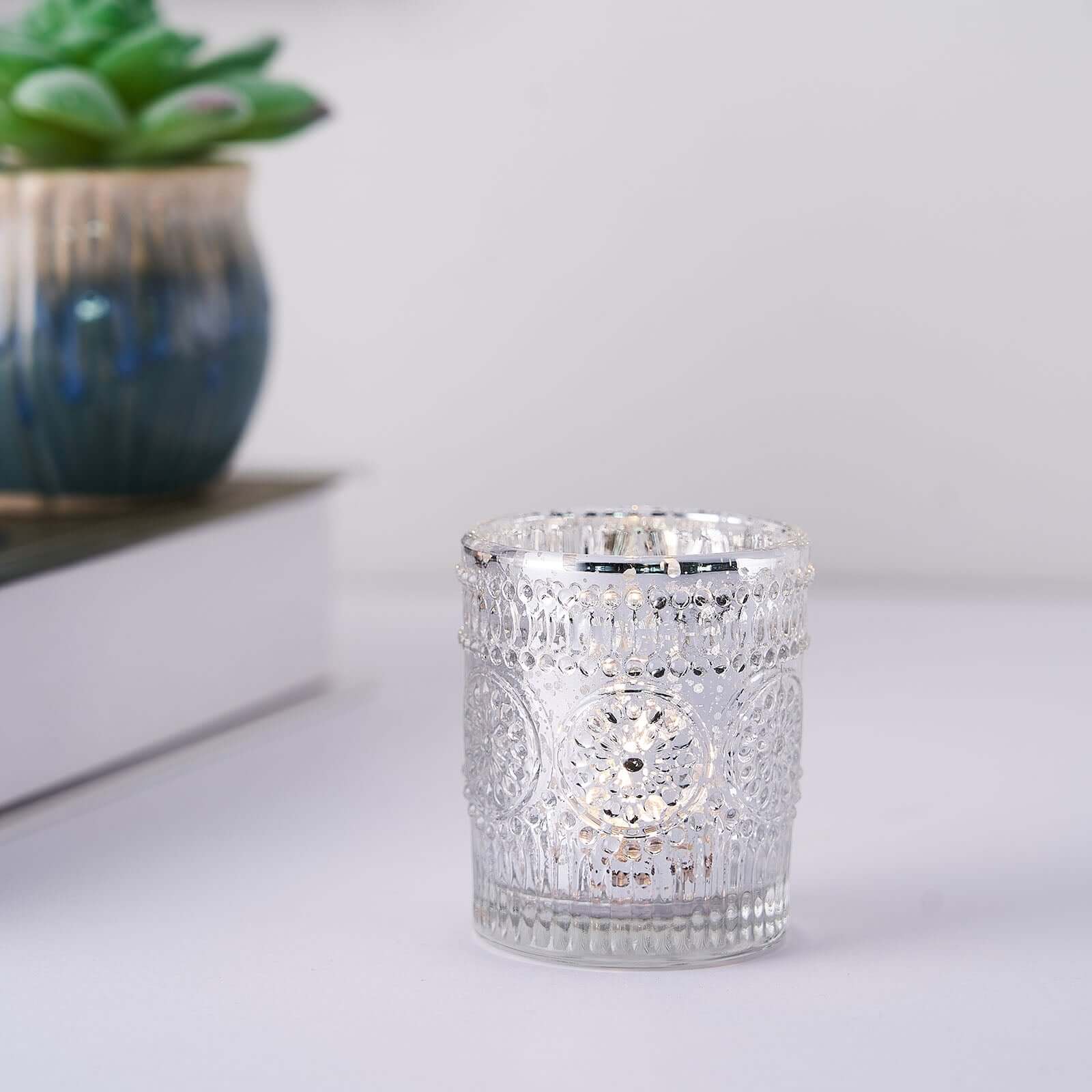 6-Pack Silver Glass Votive Tealight Holders - Stylish Primrose Design for Weddings & Décor