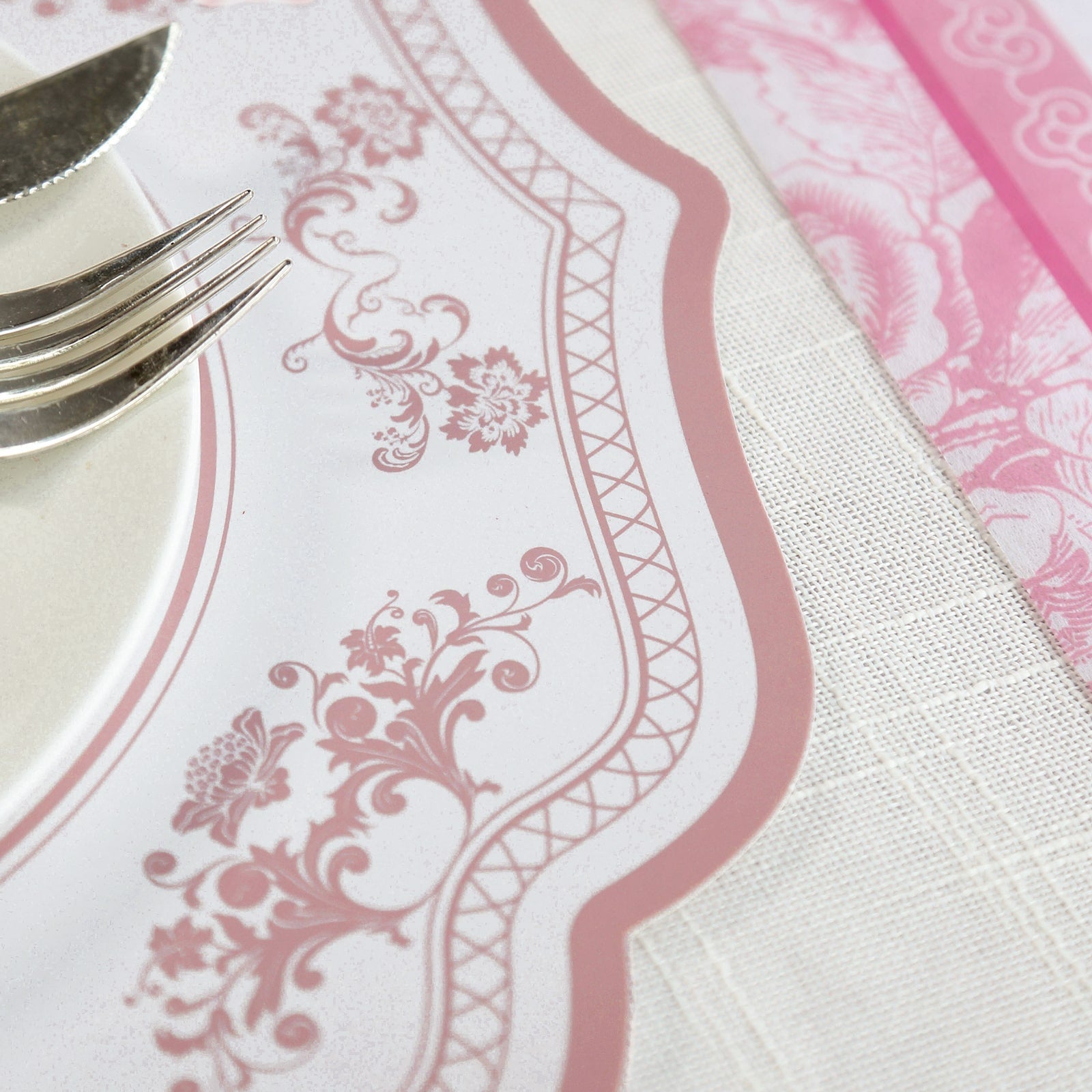 10-Pack Disposable Table Placemats 13" Round Placemats in White with Pink Damask Floral Pattern & Scalloped Rim - 400GSM Cardboard Placemats for Stylish Table Setting
