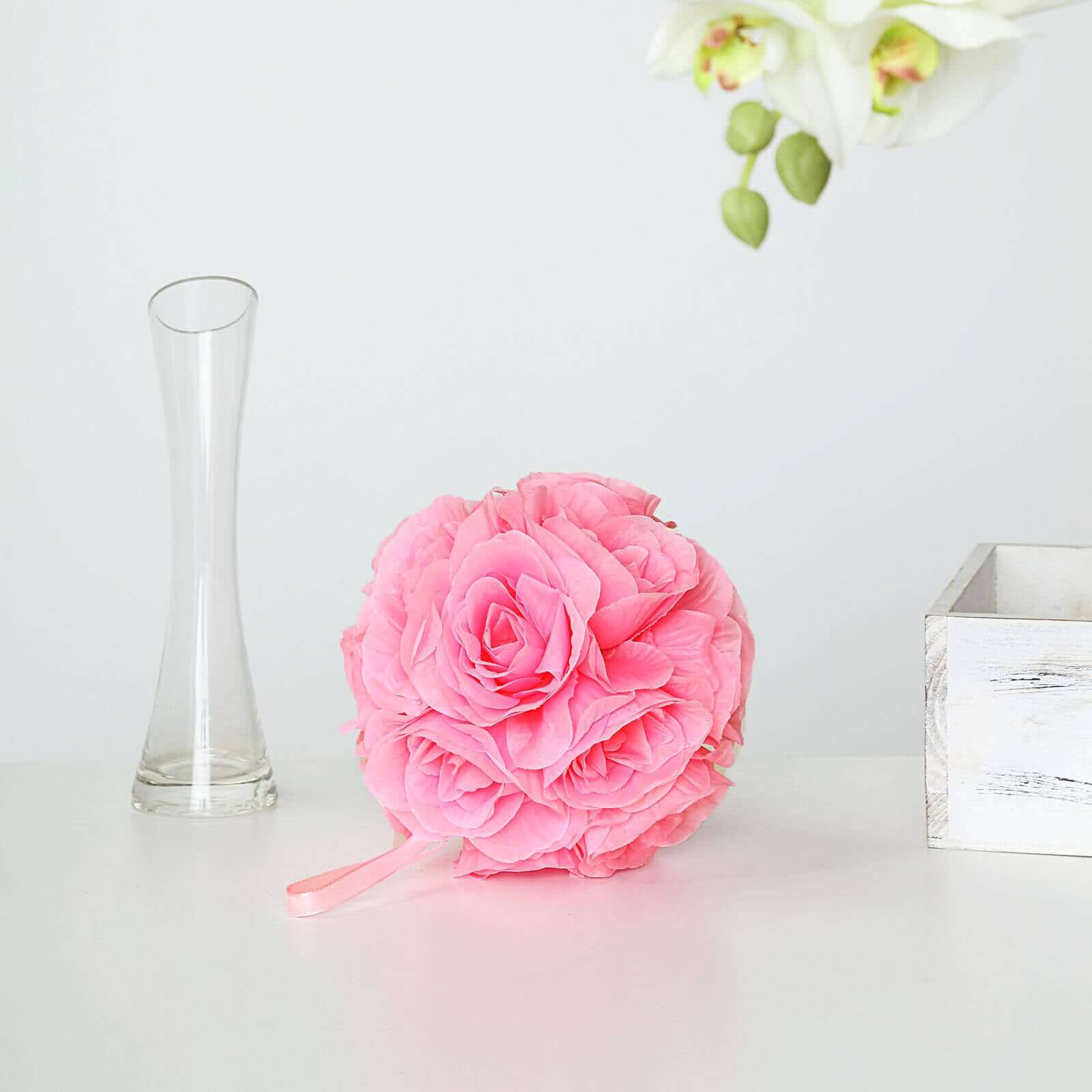 2 Pack 7" Pink Artificial Silk Rose Kissing Ball, Faux Flower Ball