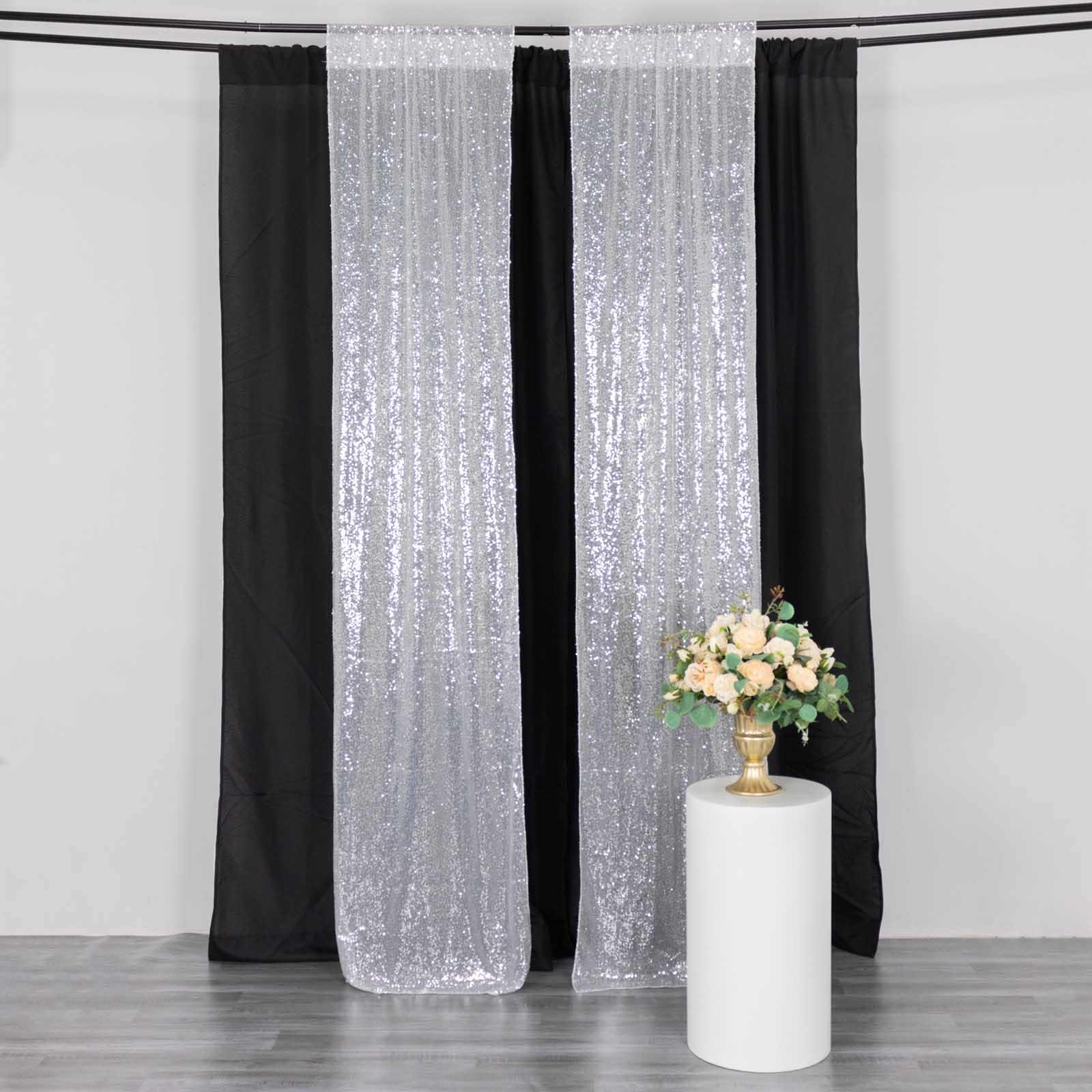 2 Pack Silver Sequin Event Curtain Drapes with Rod Pockets, Seamless Backdrop Event Panels - 8ftx2ft