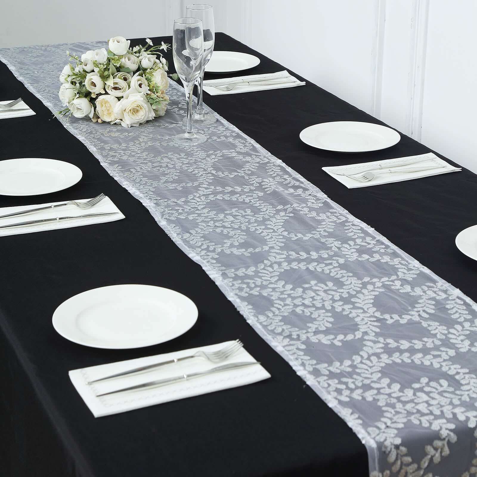 Mesh 12"x108" Table Runner Silver - Leaf Vine Embroidery