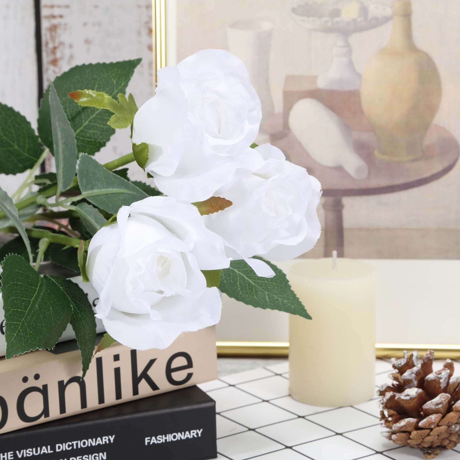 31" 24Pcs White Long Stem Artificial Silk Roses Flowers