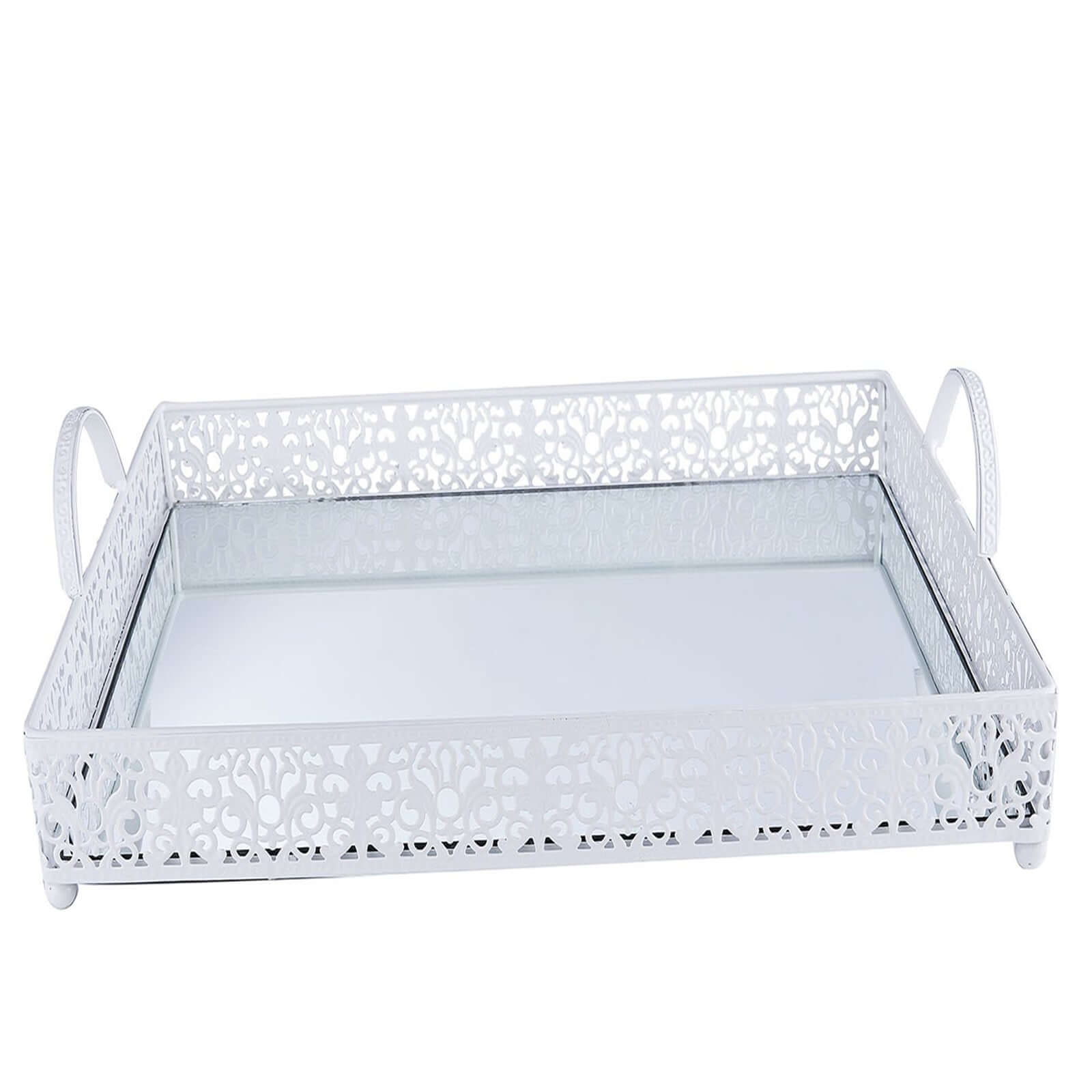 Metal Mirrored Rectangle Serving Tray 16"x12" in White Fleur De Lis Design with Handles, French Inspired Decorative Vanity Tray Centerpiece