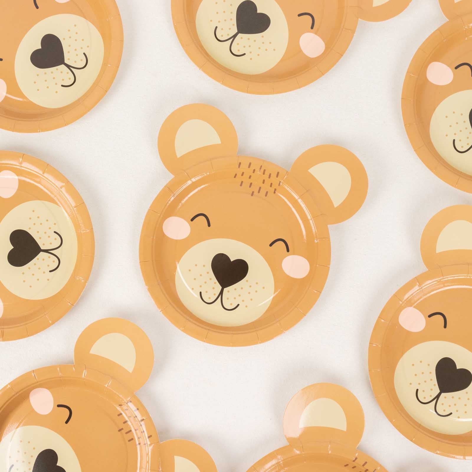 25-Pack Paper 7" Round Plates Brown Teddy Bear Print - Disposable 300GSM Cute Bear Themed Appetizer Dessert Party Plates for Baby Shower Birthday Event Decoration