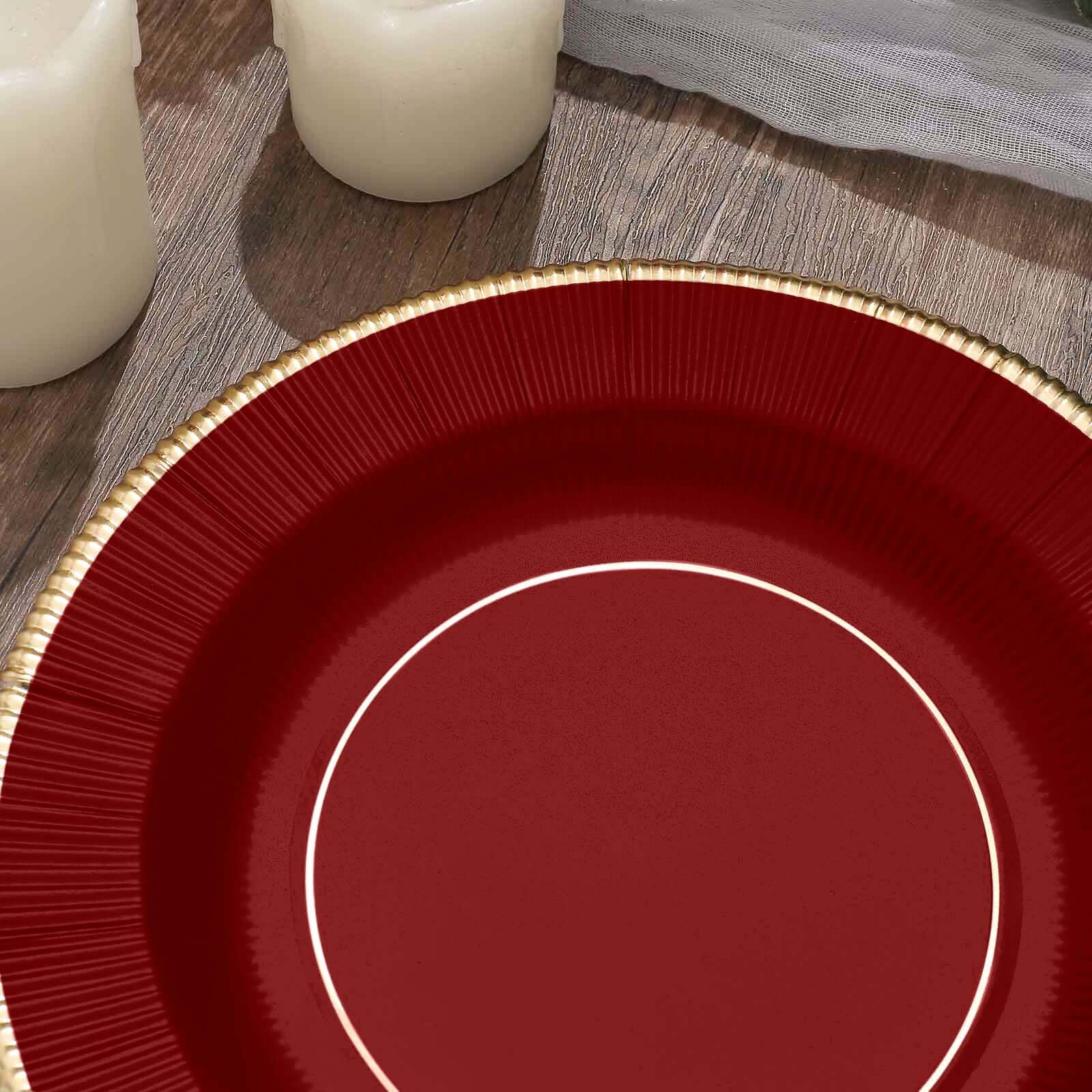 25-Pack Paper 8" Round Dessert Plates in Burgundy Sunray Design with Gold Rim - Disposable Heavy Duty 350GSM Appetizer Salad Plates