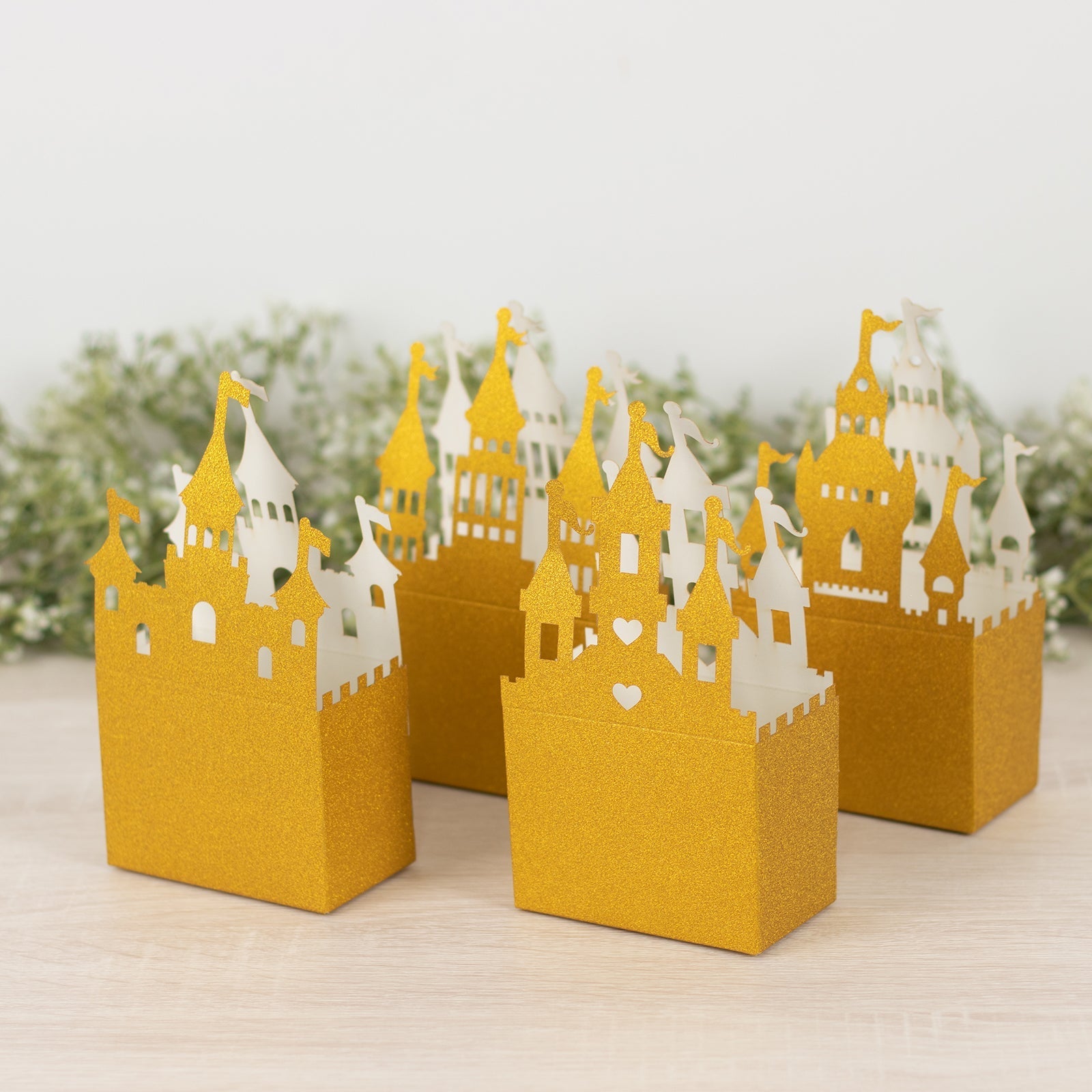 20 Pack Gold Glitter Fairy Tale Castle Favor Boxes, Princess Theme Cardstock Paper Candy Boxes Party Decorations - 3.5"x2"x6.5"