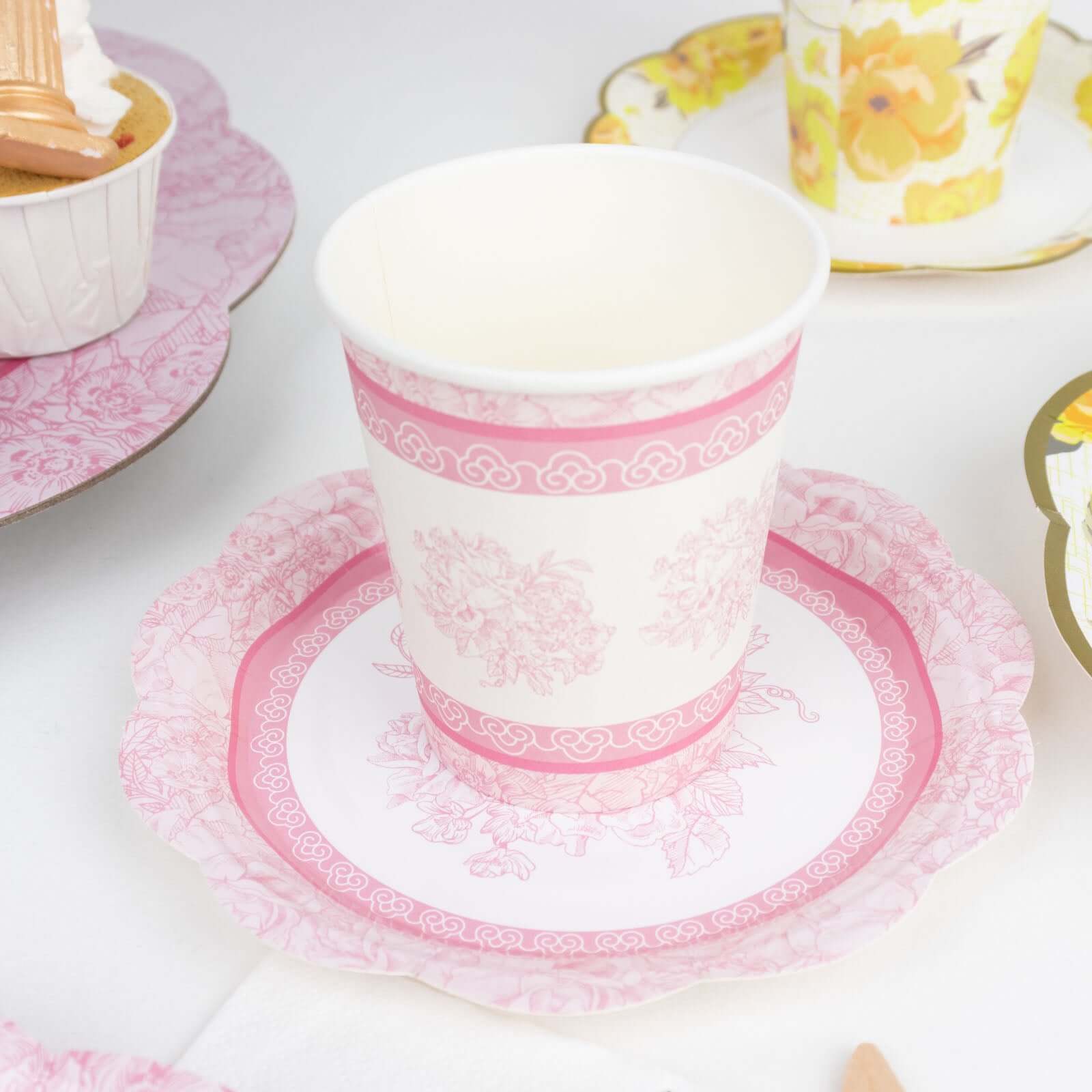 24-Pack Paper Cup and Saucer Set in Mixed Vintage Floral Print - Disposable Tea Party Supplies Kit for Baby Showers & Birthdays
