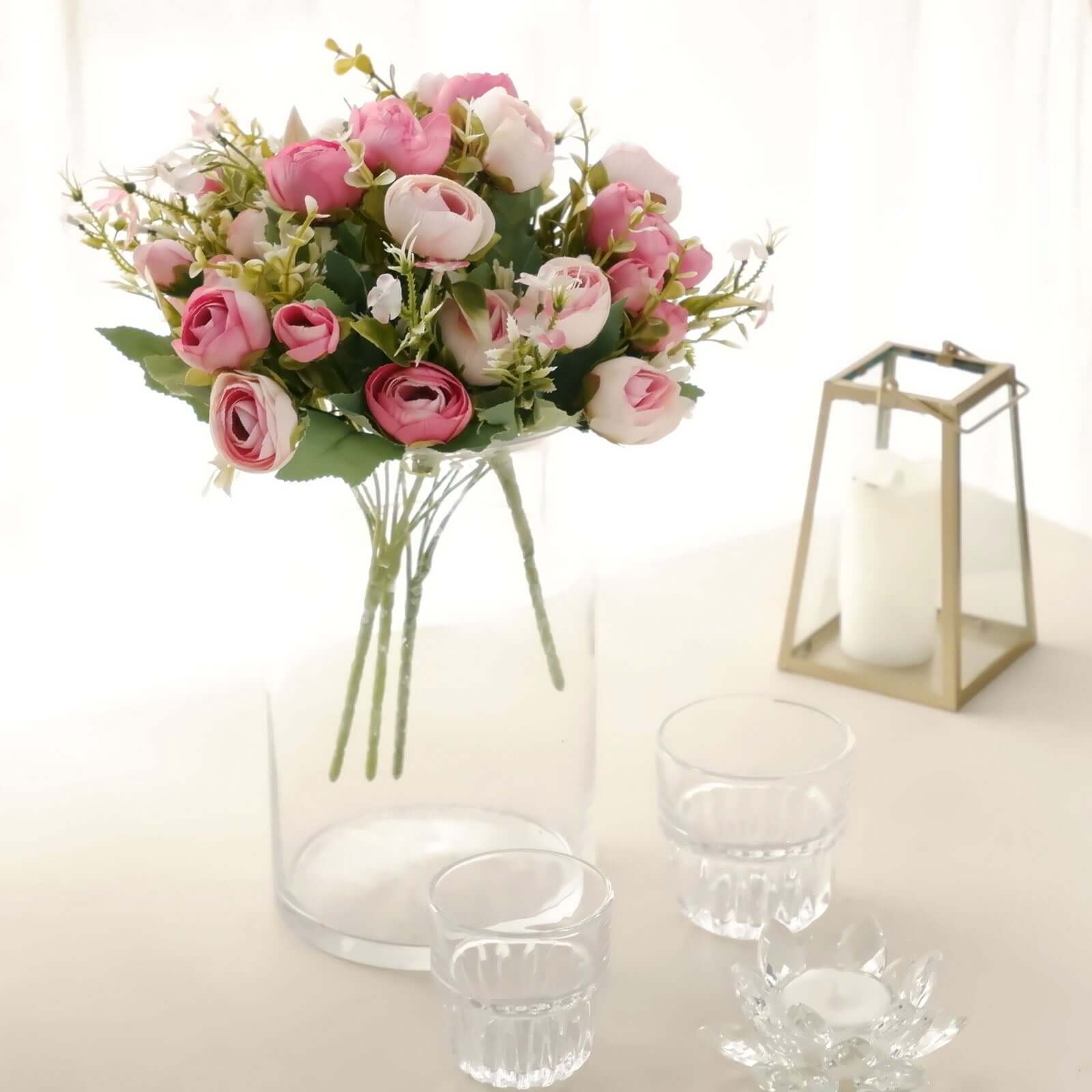 4 Pack 12" Artificial Pink Ranunculus Silk Flower Bridal Bouquets, Faux Buttercup Floral Arrangement