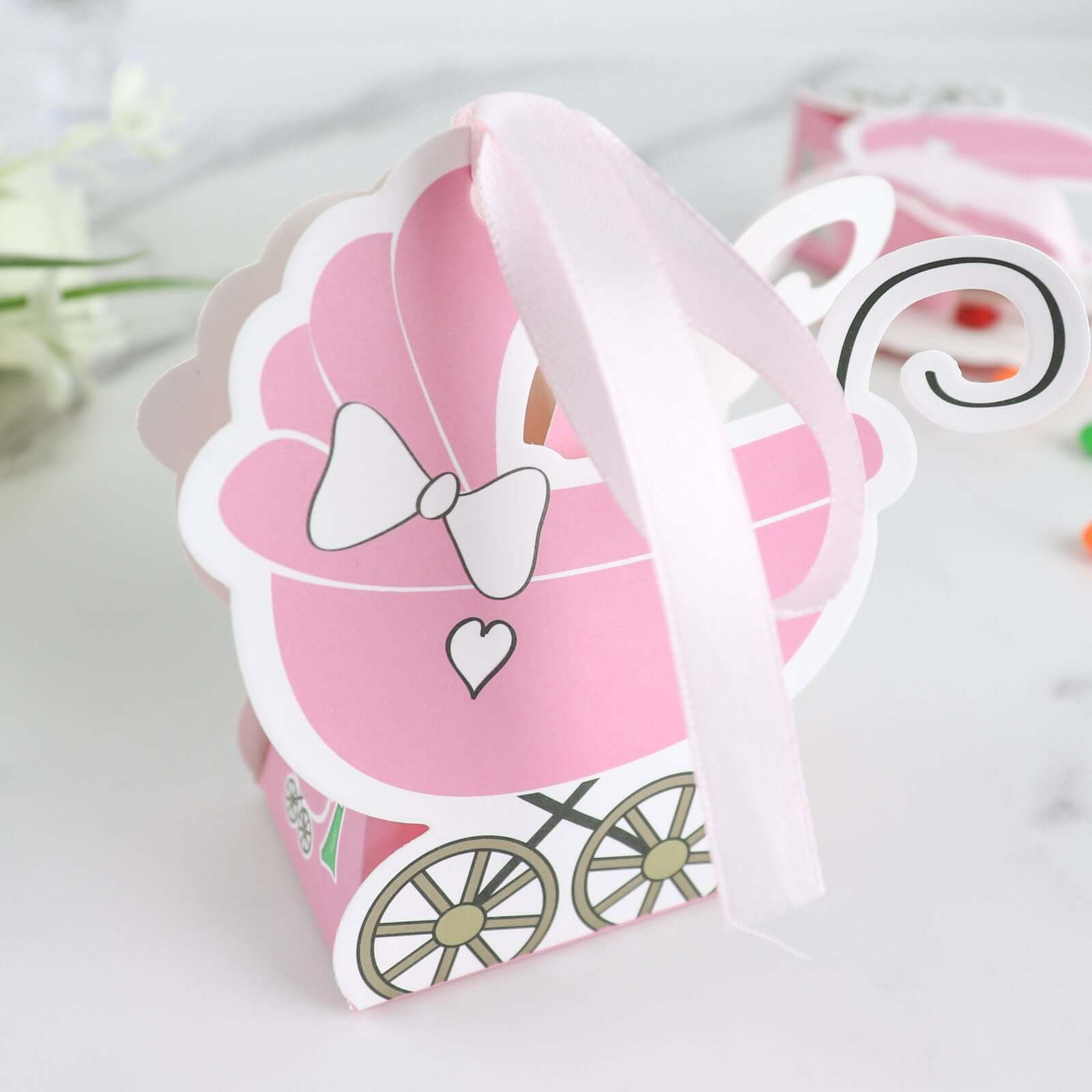 25 Pack Pink Baby Paper Stroller Party Favor Gift Boxes, Cardstock Carriage Candy Boxes with Ribbon Ties - 4.5"x2"x4"