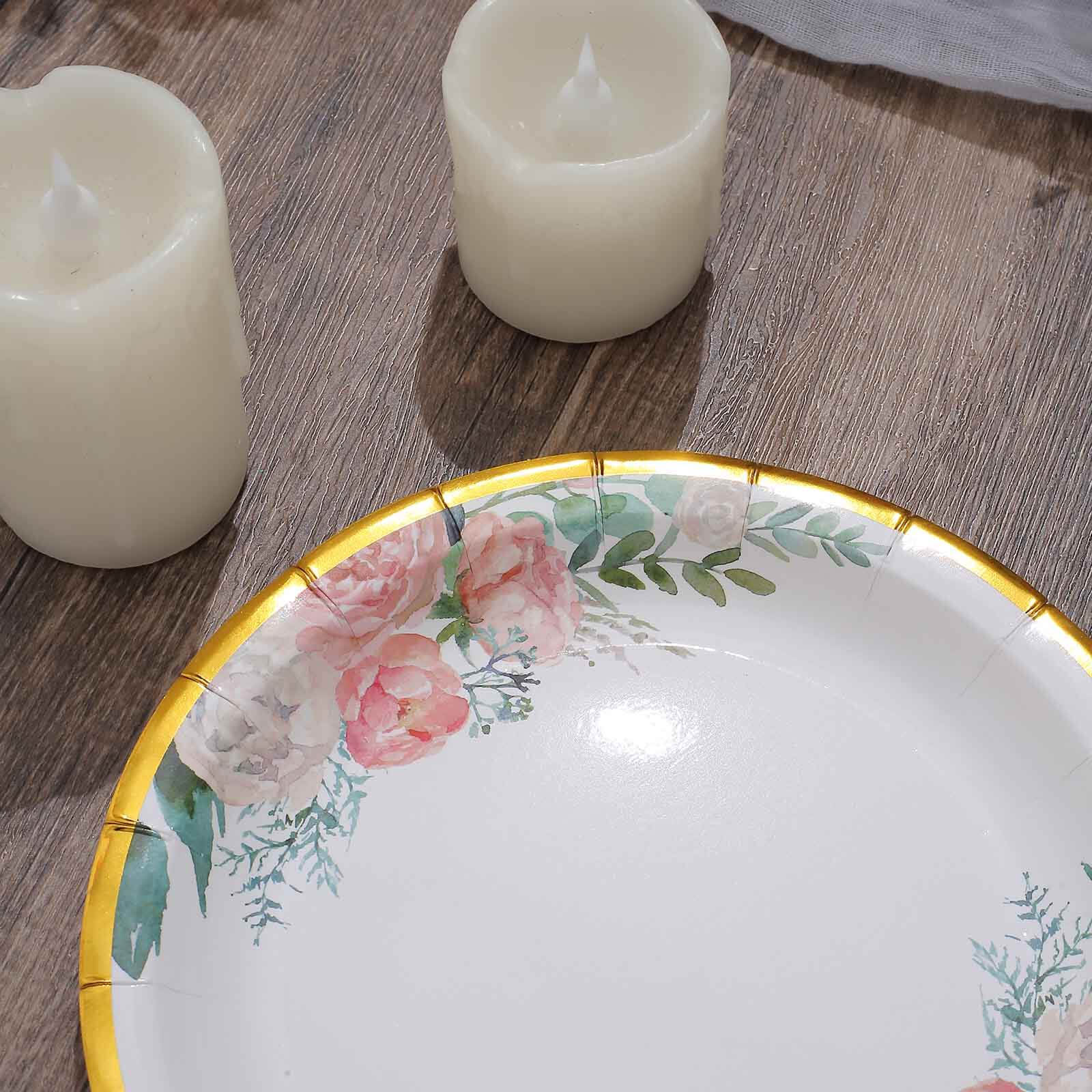 25-Pack Paper 7" Round Dessert Plates in White with Peony Floral Design & Gold Rim - Disposable Floral Salad Appetizer Plates for Brunches & Afternoon Teas
