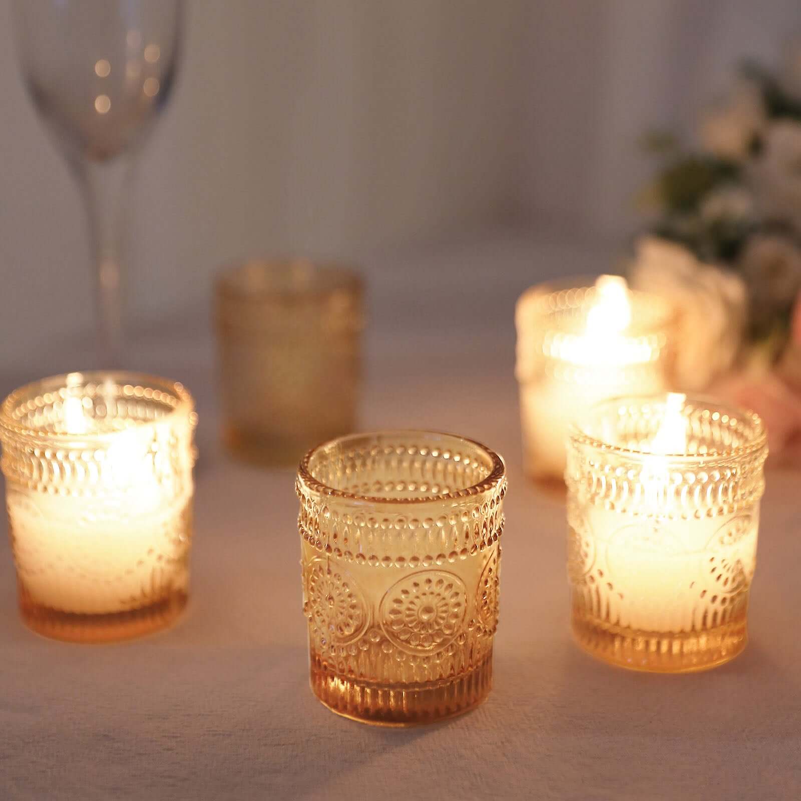 6-Pack Amber Gold Glass Votive Tealight Holders - Stylish Primrose Design for Weddings & Décor