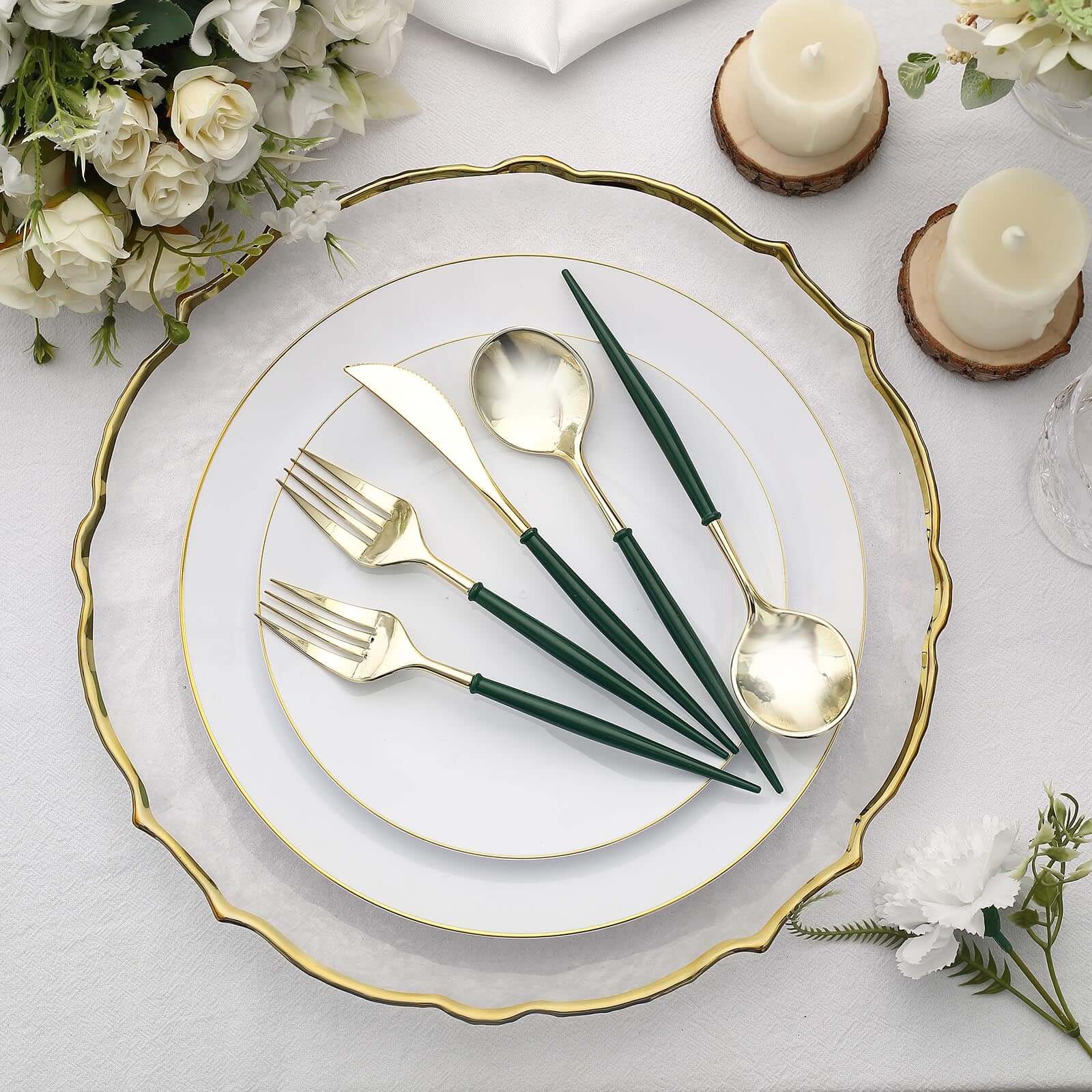 24-Pack Plastic Flatware Set in Metallic Gold with Hunter Emerald Green Handle - Heavy Duty Disposable Modern Silverware 8"