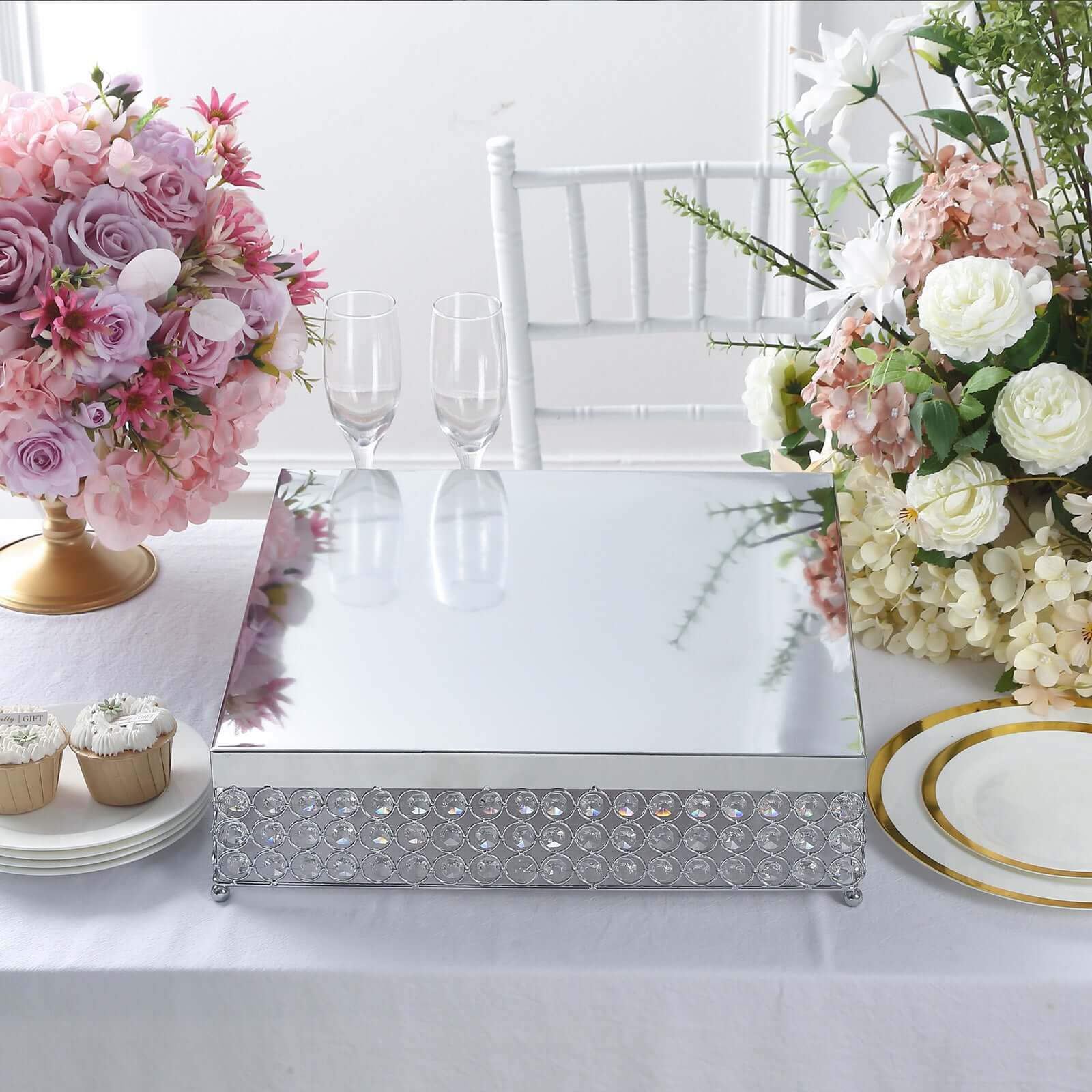 Metal Cake Stand Square Design with Crystal Beads Silver - Dessert Pedestal for Events 16"