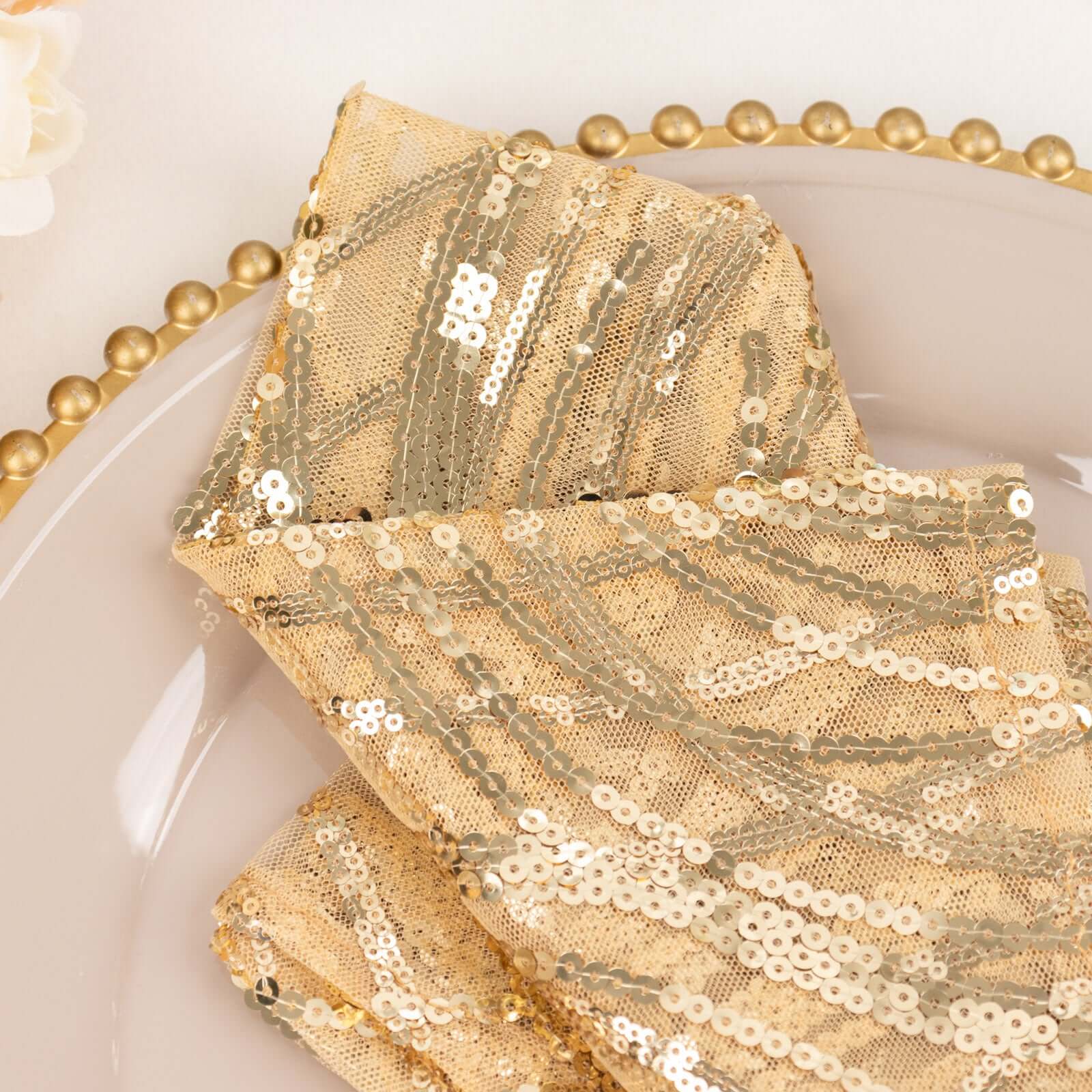 Sequin Mesh 20"x20" Napkin Champagne - Wave Embroidered Reusable Napkin