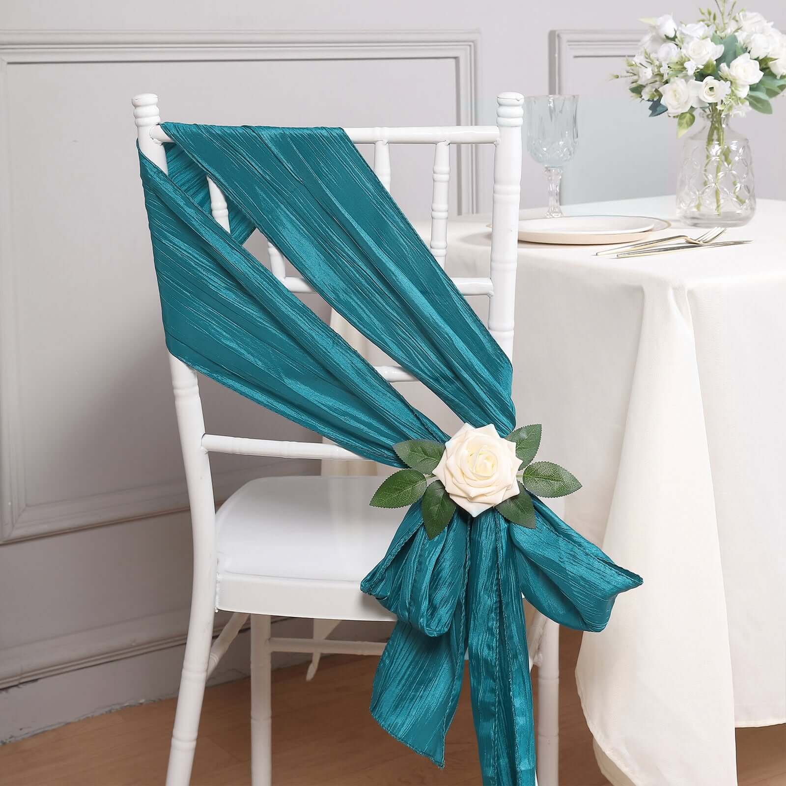 5 Pack Taffeta 6"x106" Chair Sashes Teal Accordion Crinkle Texture - Stylish Decor for Weddings & Gatherings