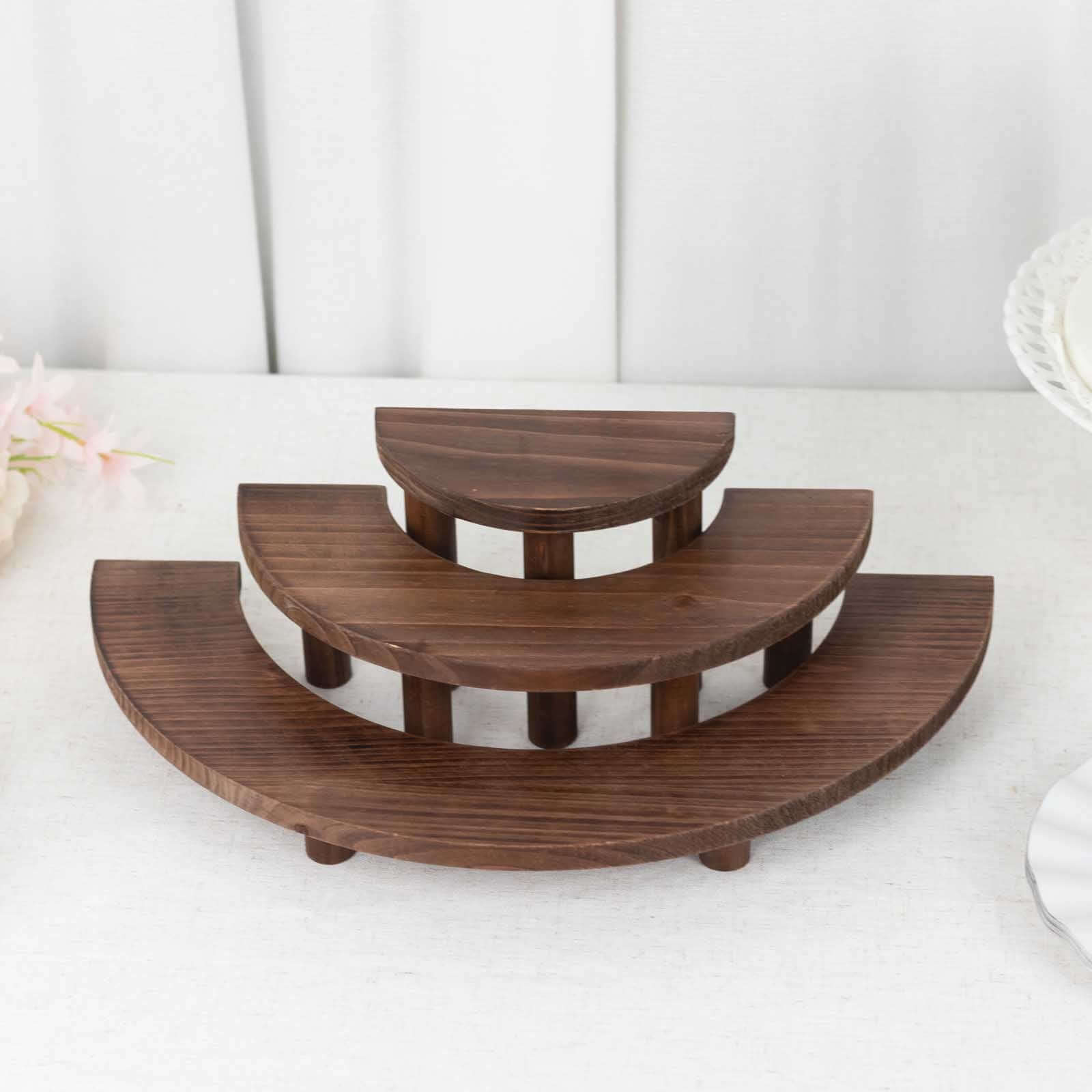 Set of 3 Wooden Dessert Pedestals Rustic Brown 3-Tier Semicircle Design - Half Moon Cupcake Display Risers 7", 13", 18"