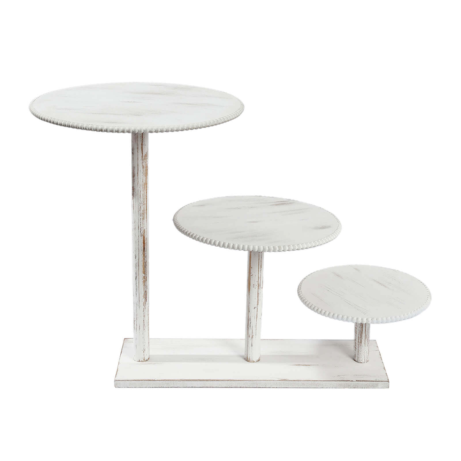 3-Tier Wooden Cake Stand Whitewash with Round Beaded Rim Trays - Rustic Cupcake Tower Dessert Display 24"x16"