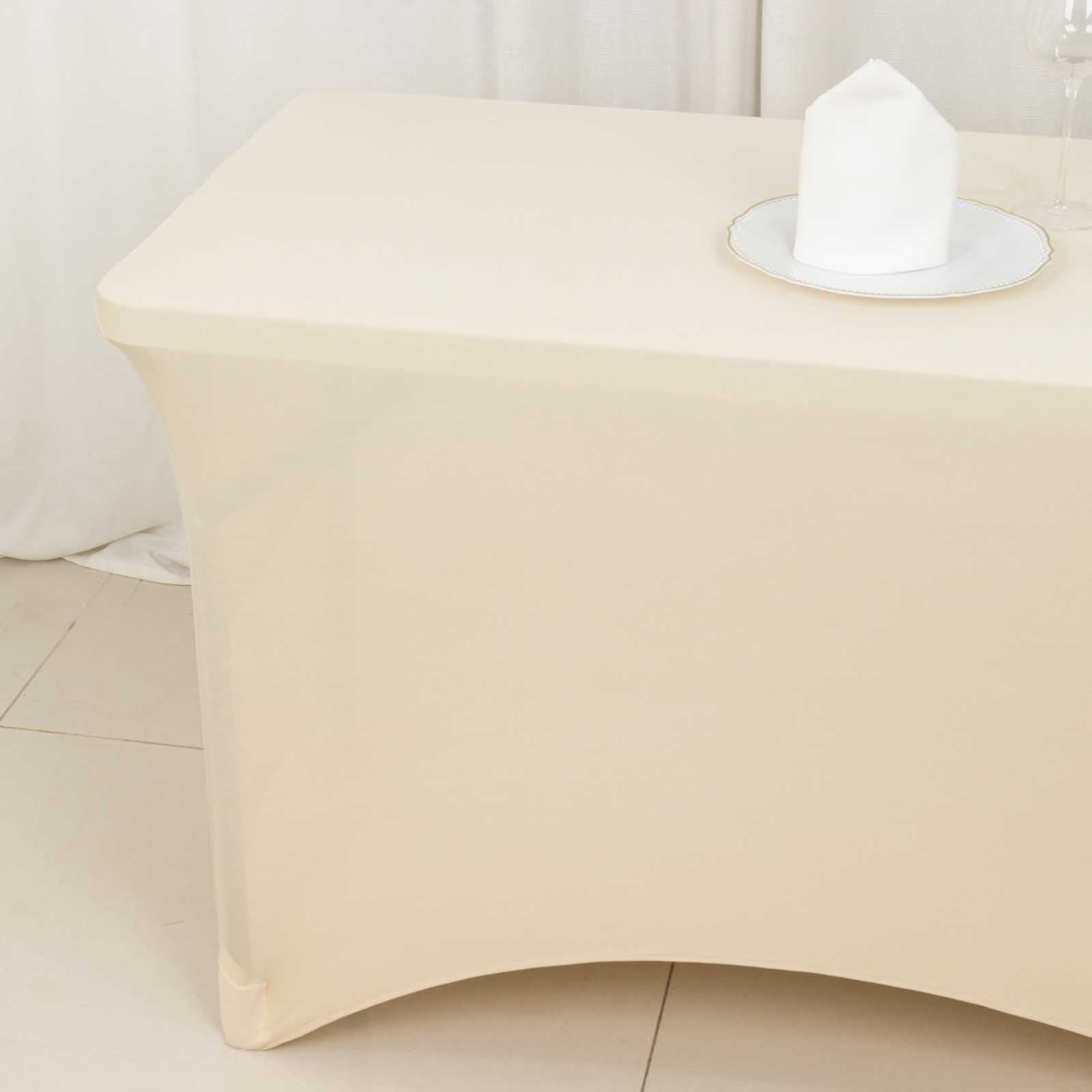 Stretch Spandex 48"x30" Rectangle Tablecloth Beige - Durable Form-Fitting Table Cover