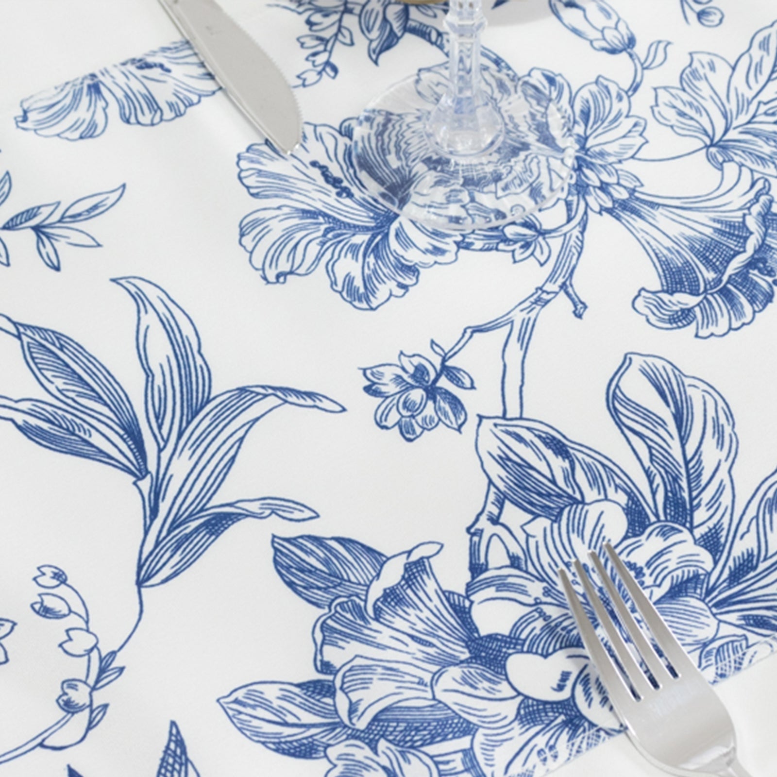 Polyester Table Runner 12"x108" White with Blue French Toile Floral Print - Stylish Reusable Table Décor