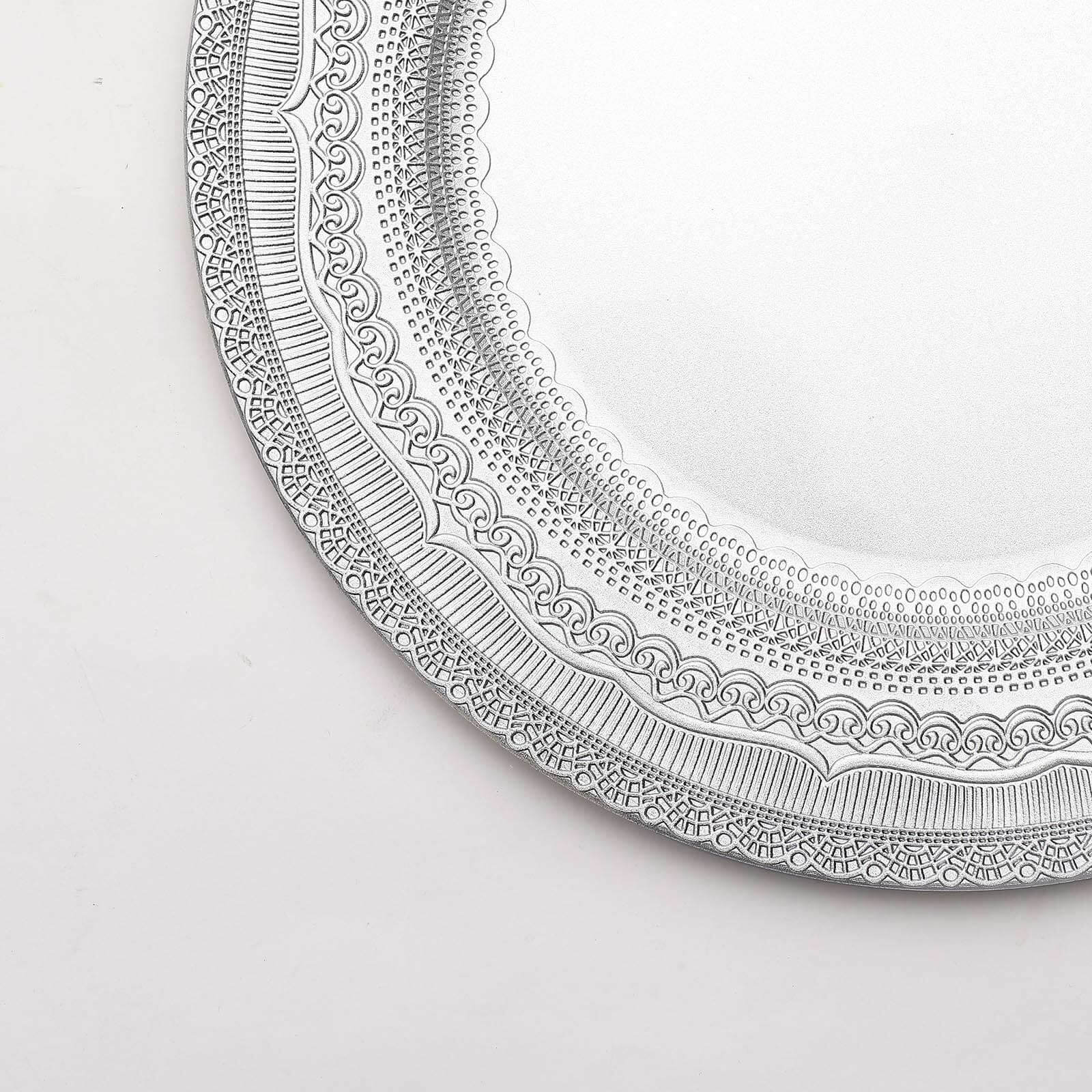 6-Pack Acrylic Round Charger Plates 13" in Silver with Lace Embossed Rim, Rustic Plastic Decorative Charger Tableware