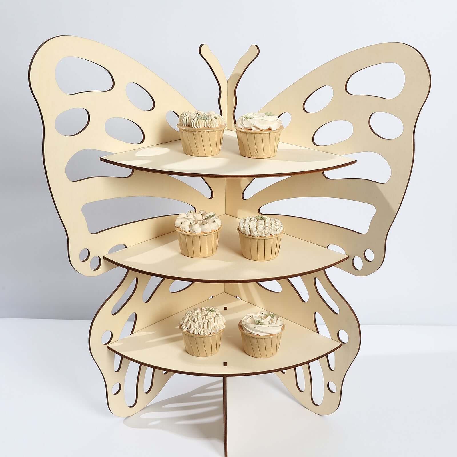 3-Tier Wooden Cupcake Stand Butterfly Design Natural - Rustic Dessert Display Shelf Rack 24"