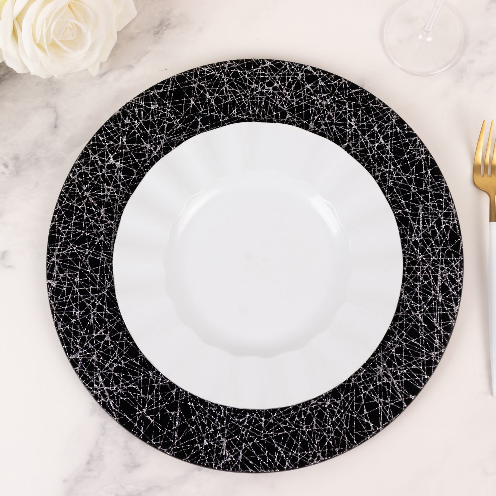 6-Pack Acrylic Round Charger Plates 13" in Black with Silver Glitter Abstract Lines Pattern, Decorative Dinner Party Charger Tableware