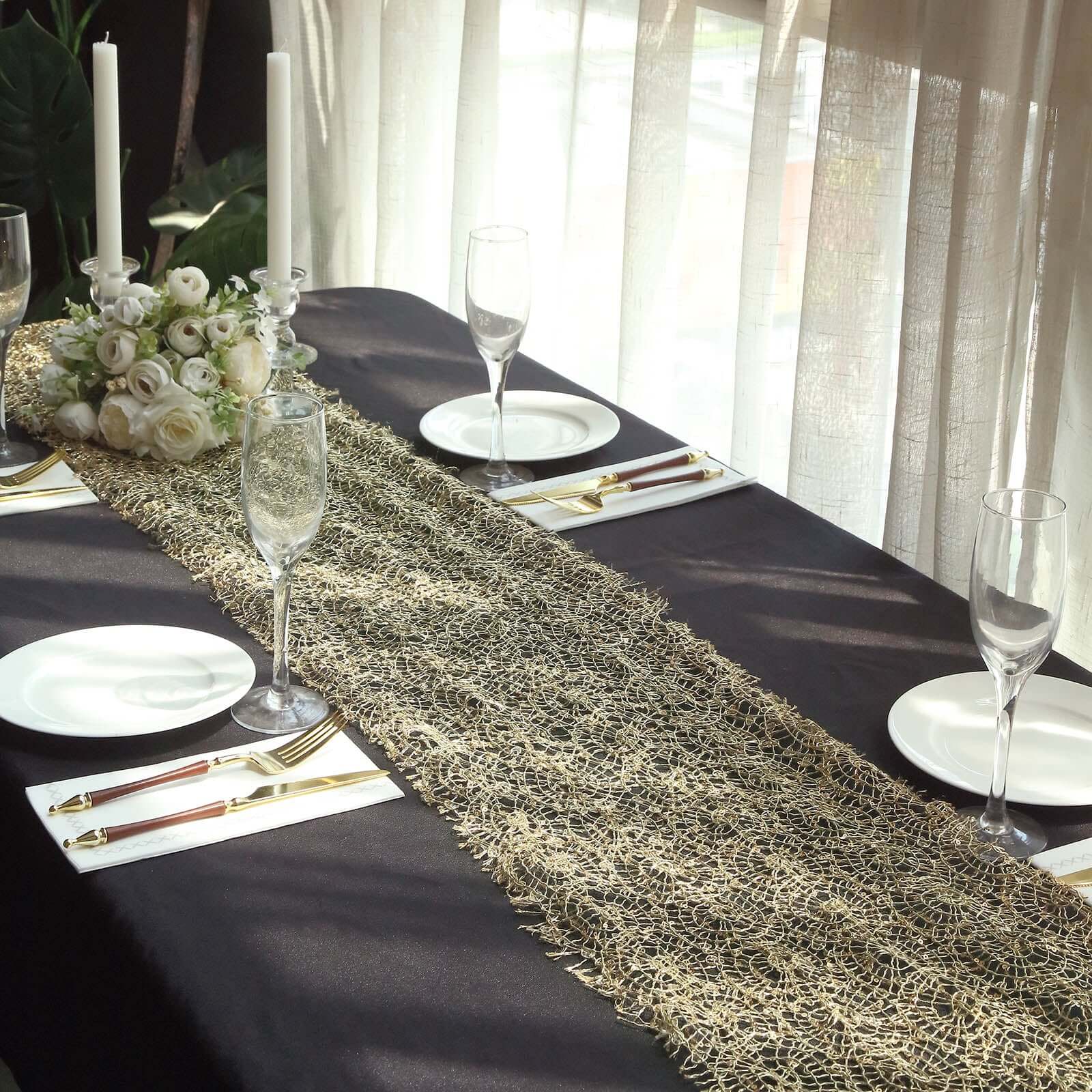 Mesh 12"x108" Table Runner Gold - Sequin Schiffli Lace Design for Stylish Celebrations