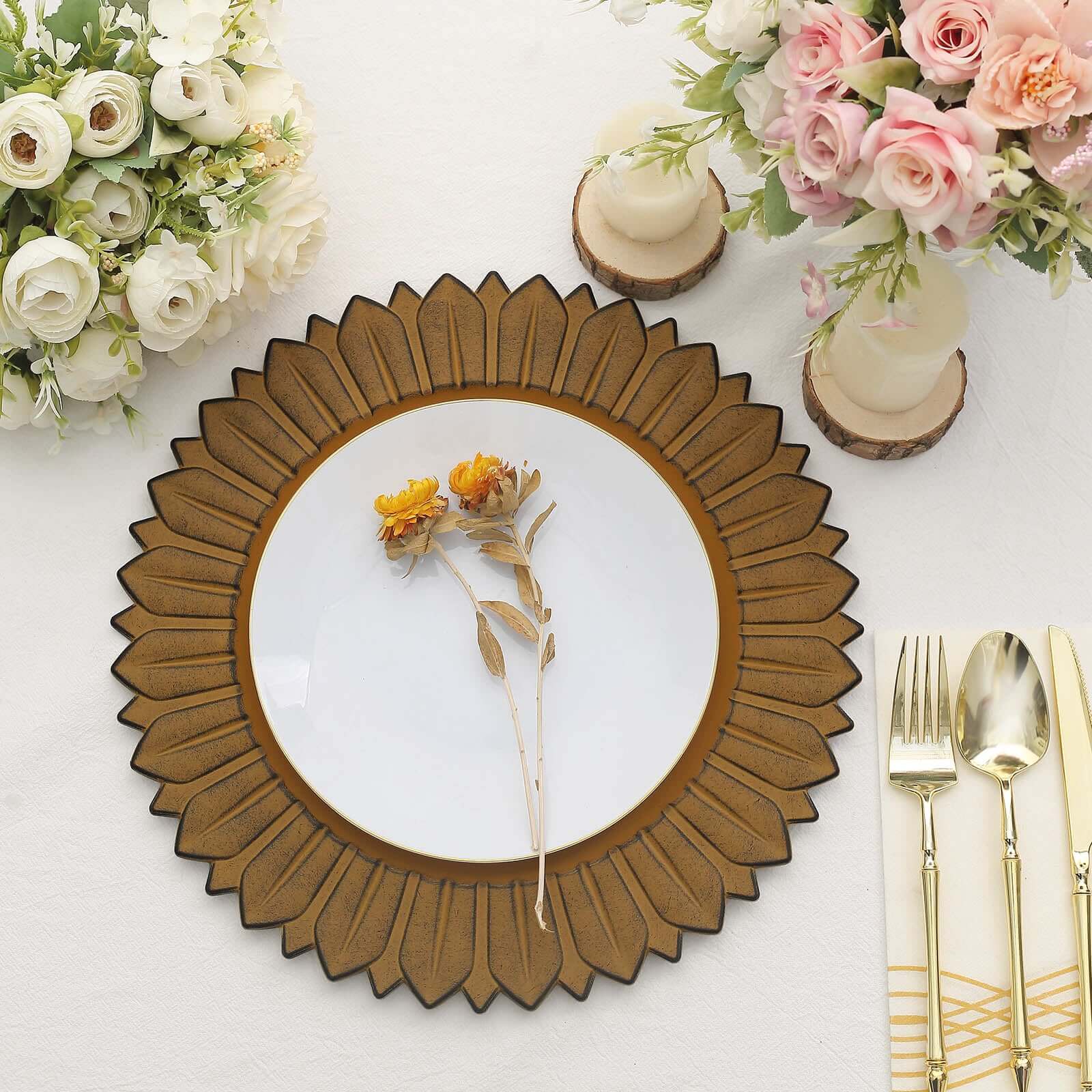 6-Pack Plastic Round Charger Plates 13" in Mustard Yellow with Sunflower Rim, Matte Finish Disposable Dinner Charger Tableware