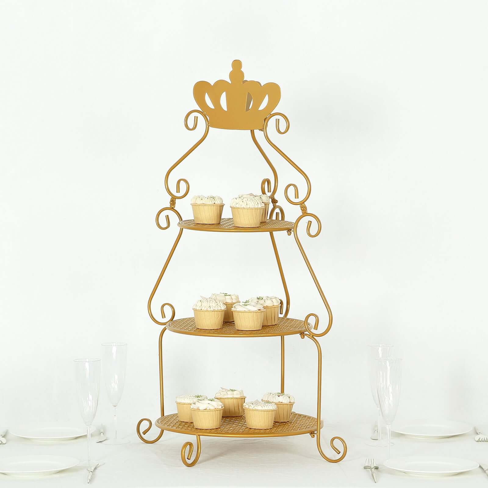 3 Tier Metal Round Cake Stand 32" Gold with Crown Top - Easy To Assemble Cupcake Holder Dessert Display Stand for Sophisticated Tea Parties Buffet Tables & Special Occasions