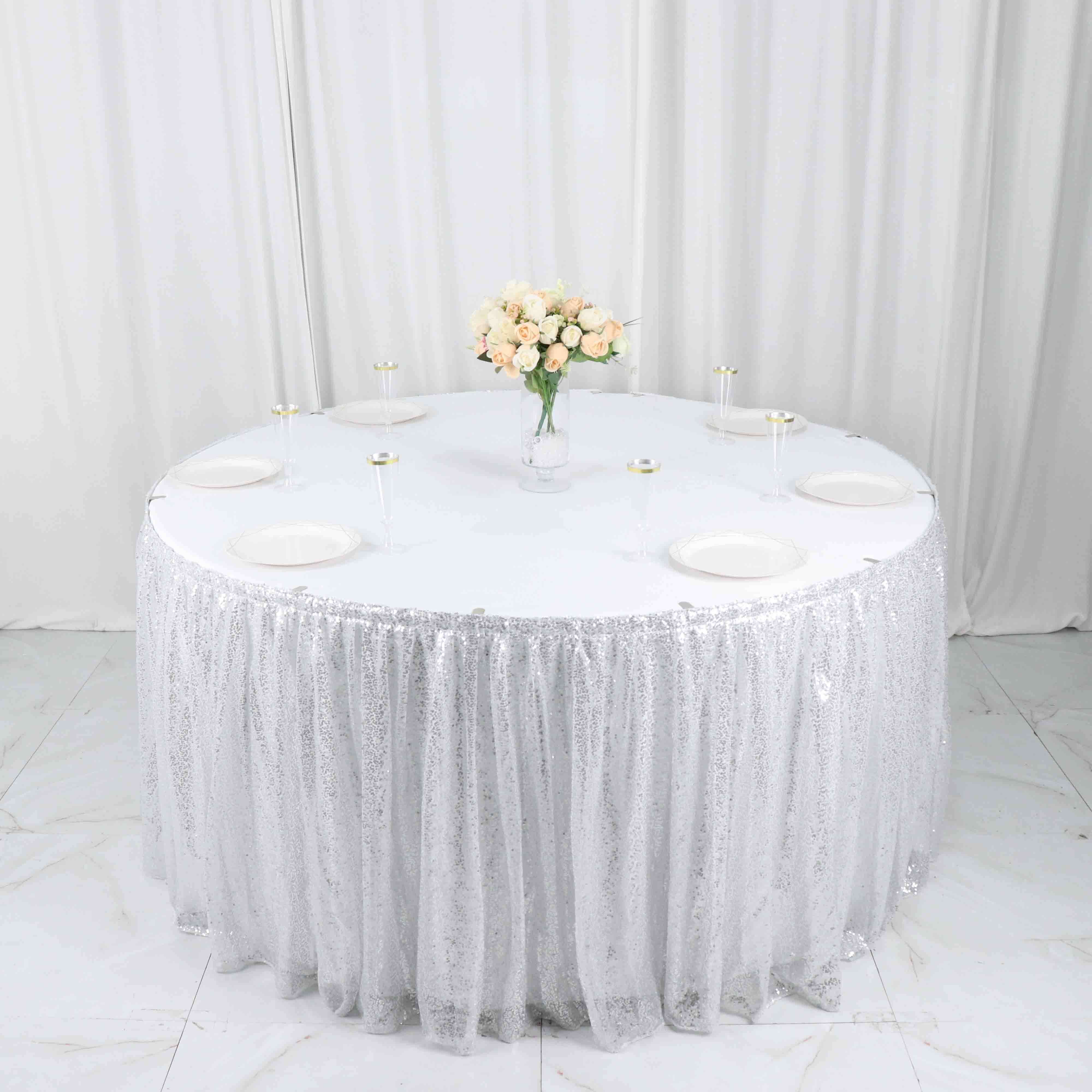 Sequin 17ft Table Skirt Silver - Pleated Satin With Top Velcro Strip