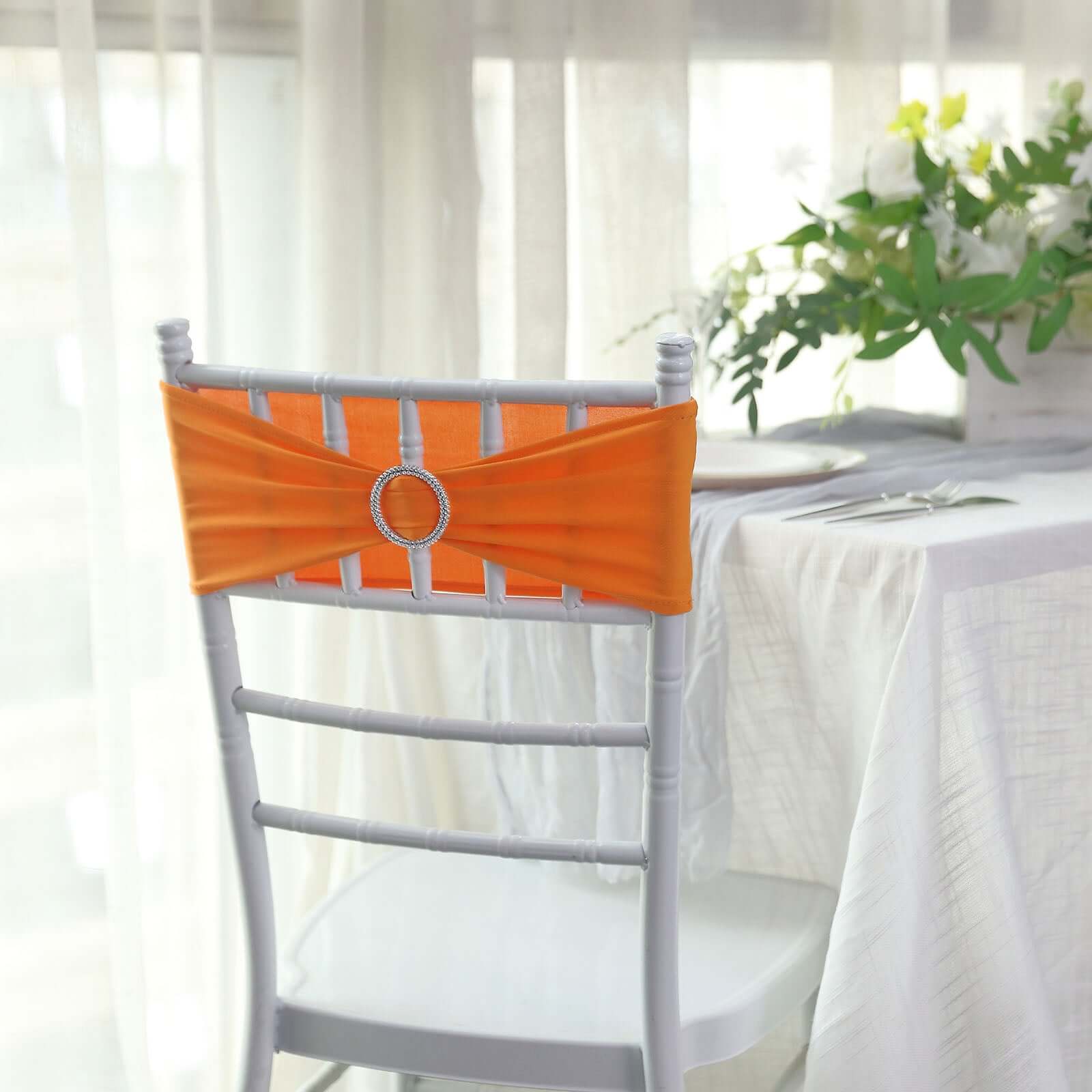 5 Pack Stretch Spandex Chair Sashes Orange - Reusable Chair Bands with Silver Diamond Ring Slide Buckle 5"x14"