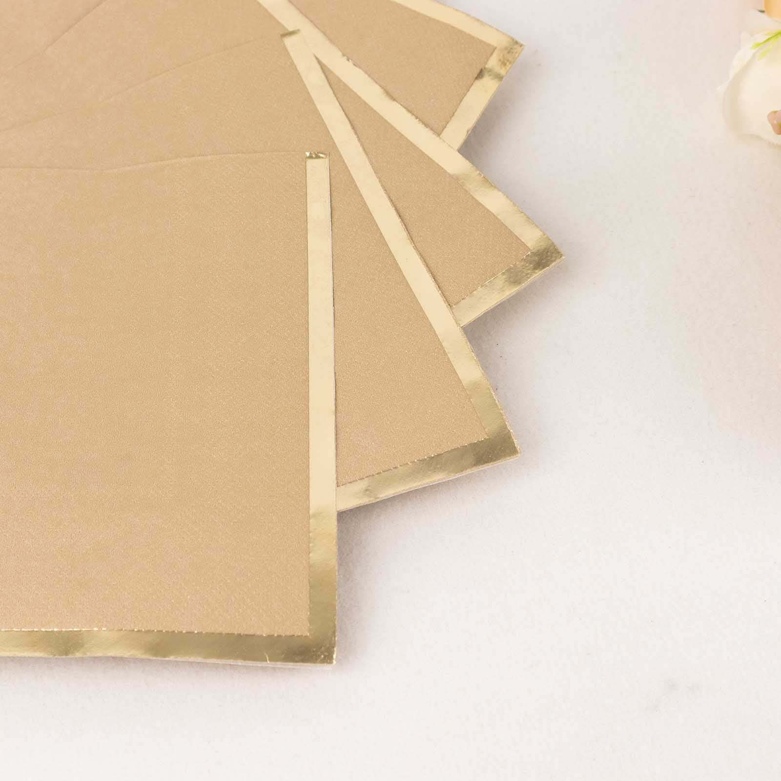 50-Pack Paper Beverage Napkins with Gold Foil Edge Natural - Disposable 2 Ply Cocktail Napkins for Events 6.5"x6.5"