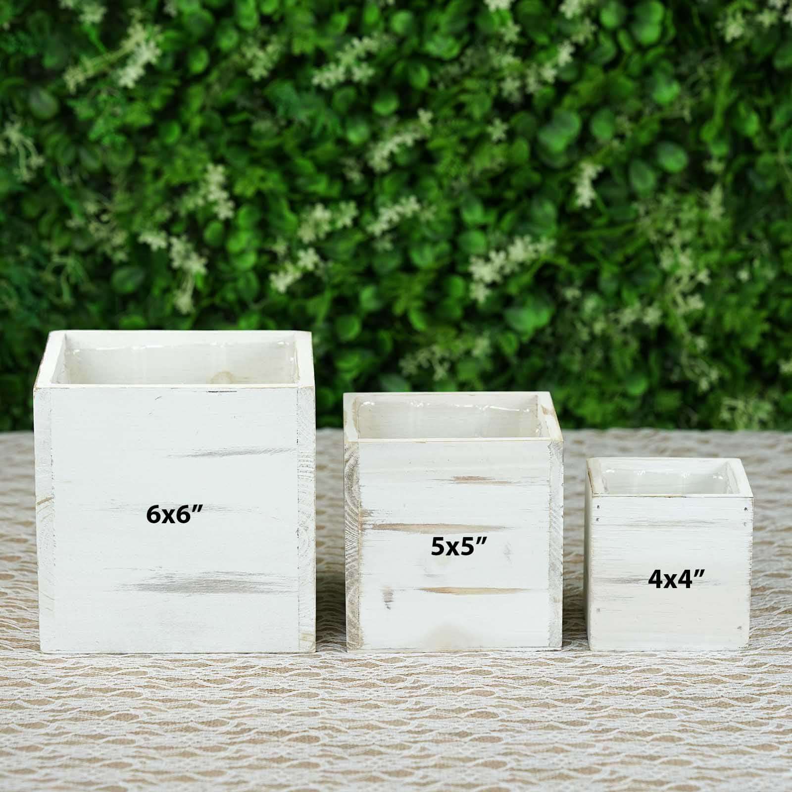 2 Pack 6" Whitewash Square Wood Planter Box Set With Removable Plastic Liners