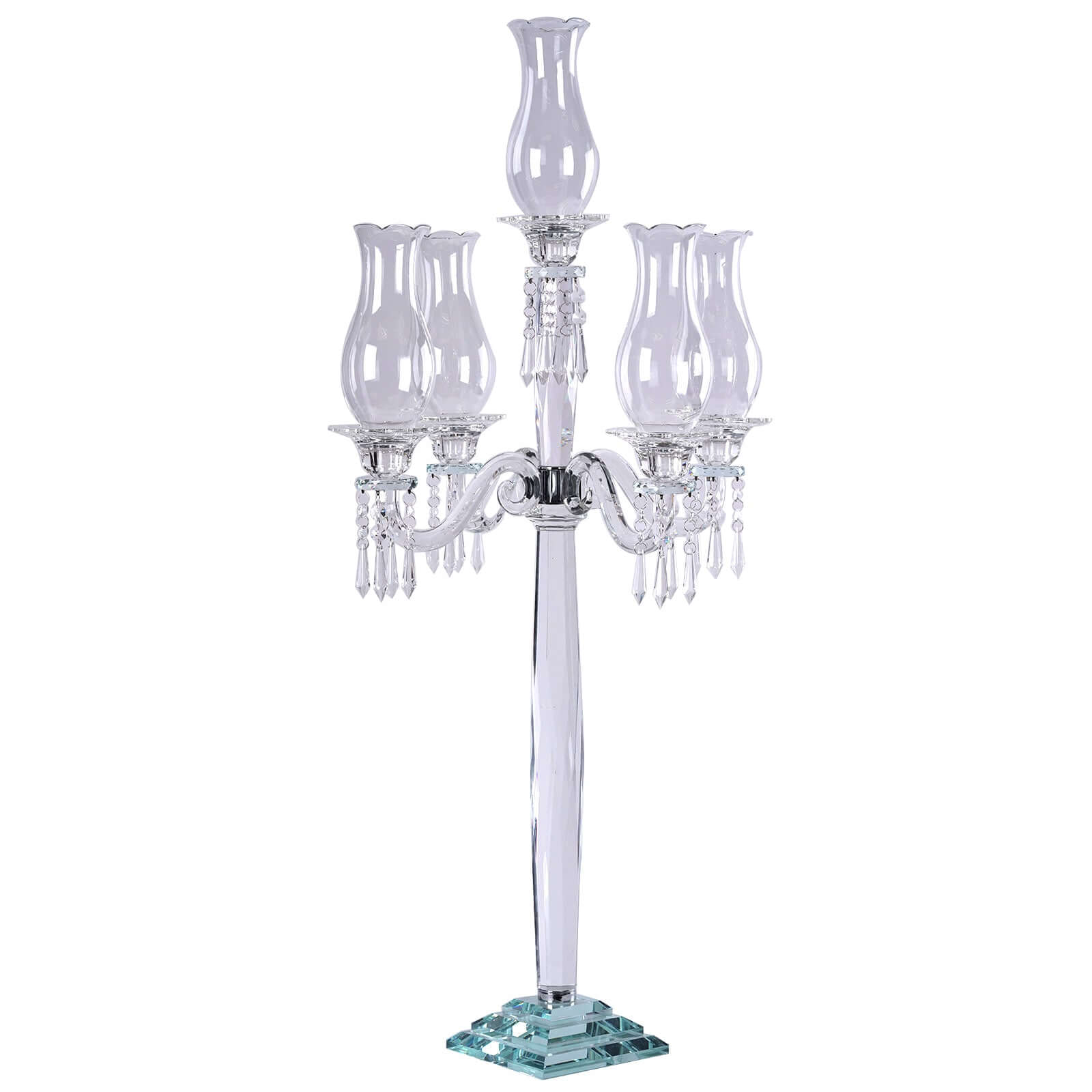 5 Arm Crystal Glass Taper Candle Holder Candelabra, Luxurious Table Centerpiece With Chandelier Chains 40"
