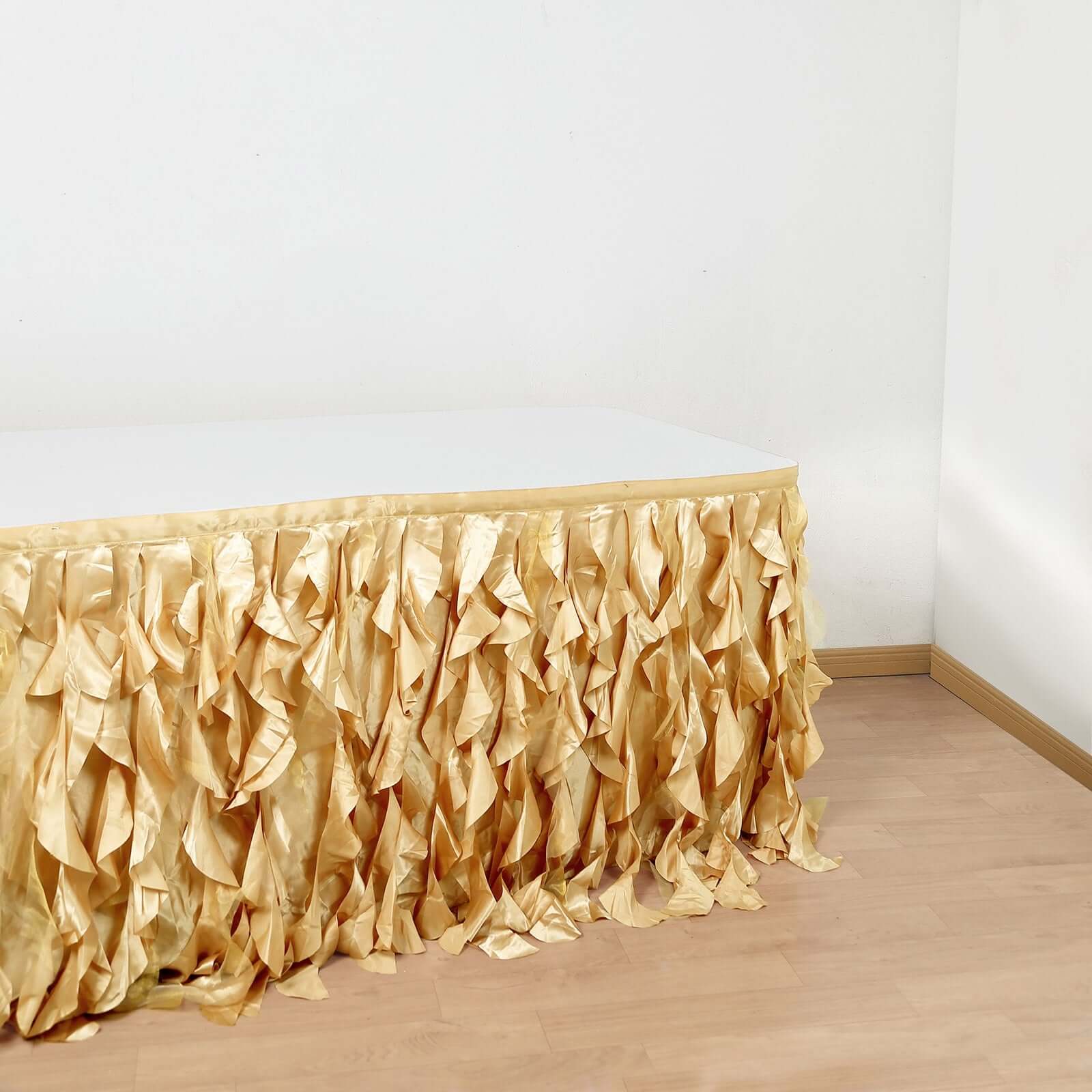 Taffeta 14ft Table Skirt Champagne - Cascading Curly Willow Style Table Cover