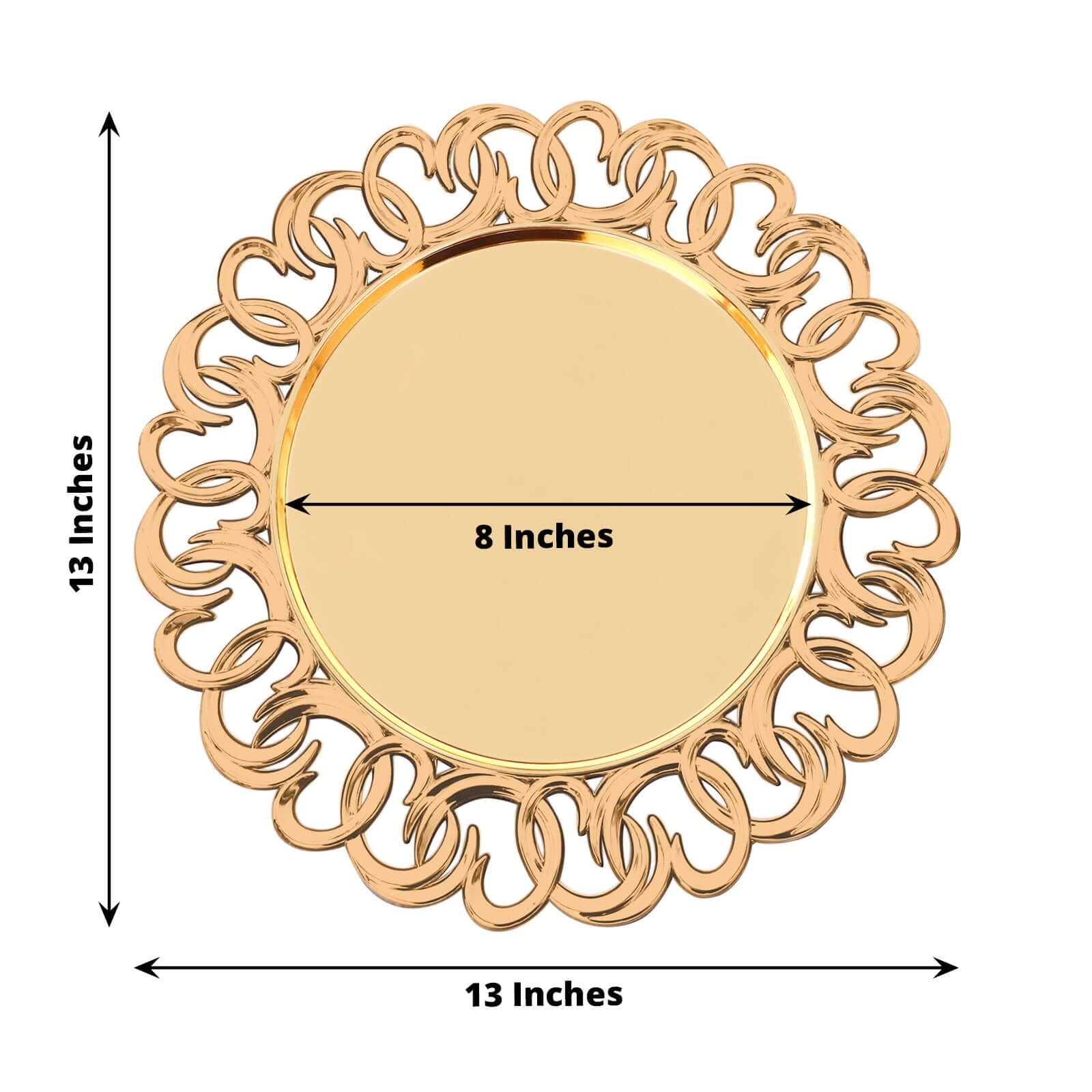 6-Pack Plastic Round Charger Plates 13" in Gold with Entwined Swirl Rim, Plastic Disposable Decorative Chargers