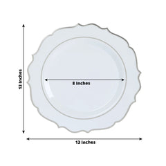 10-Pack Economy Plastic Round Charger Plates 13" in White with Silver Scalloped Rim, Decorative Dinner Party Serving Plates