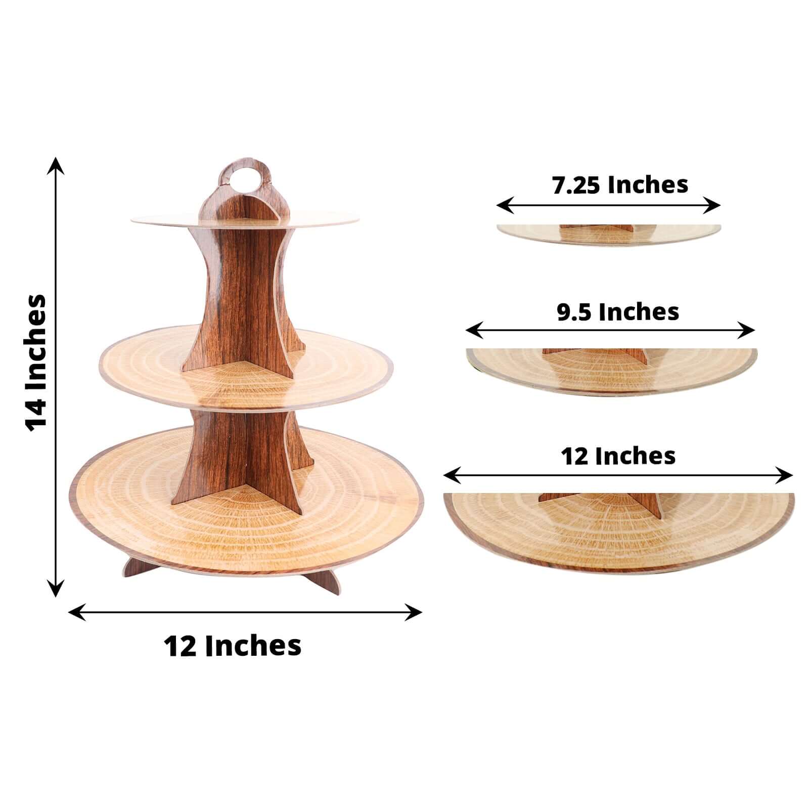 3-Tier Cardboard Cupcake Stand Natural Wood Plank Print - Reusable Dessert Table Display Tower for Classy Birthday Wedding Party Decoration 14"