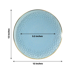 10 Pack Economy Plastic Round Charger Plates 13" in Transparent Dusty Blue Hammered Design with Gold Rim, Decorative Dinner Party Serving Plates