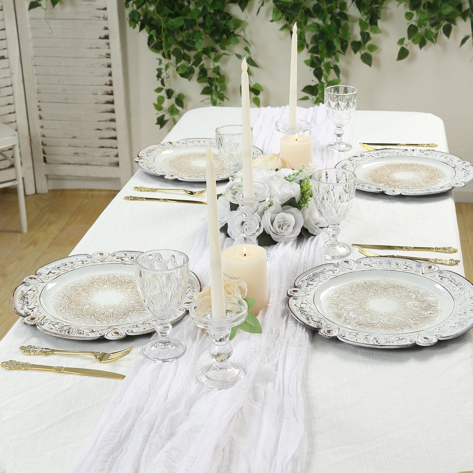 6-Pack Acrylic Round Charger Plates 13" in Antique White Floral Embossed with Scalloped Rim, Plastic Decorative Charger Tableware